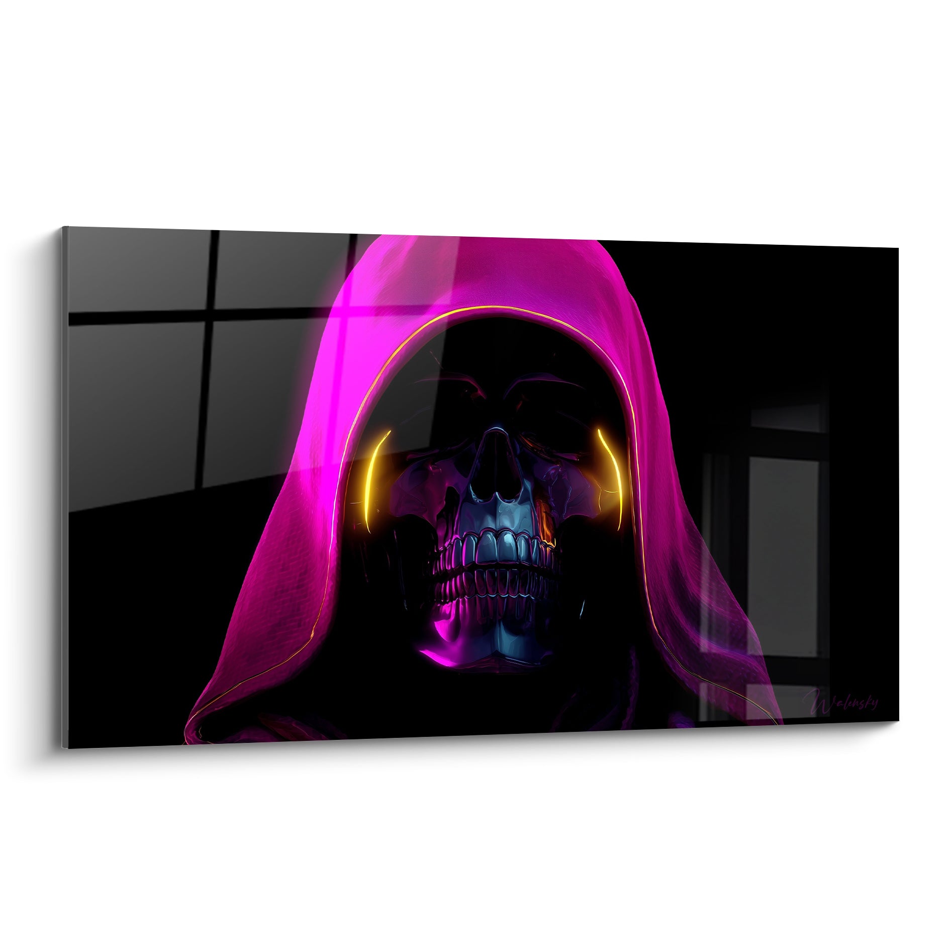 Crâne métallique encapuchonné rose fuchsia et doré aux yeux incandescents sur fond anthracite profond