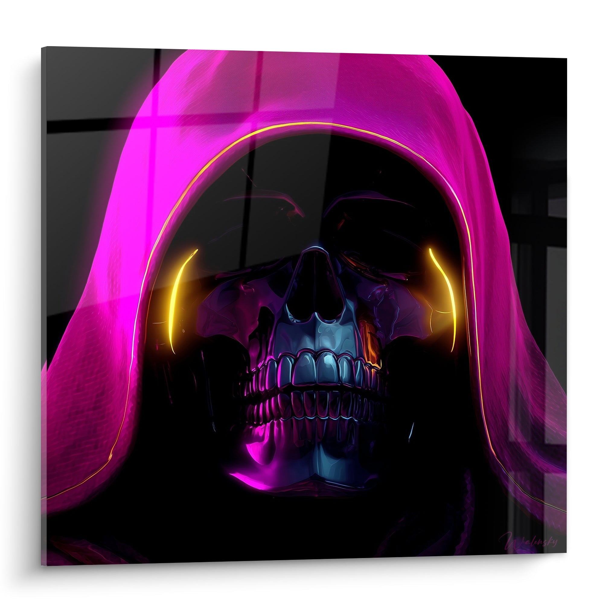 Crâne métallique anthracite sous capuche rose fuchsia, regard doré incandescent, style Cyberpunk saisissant