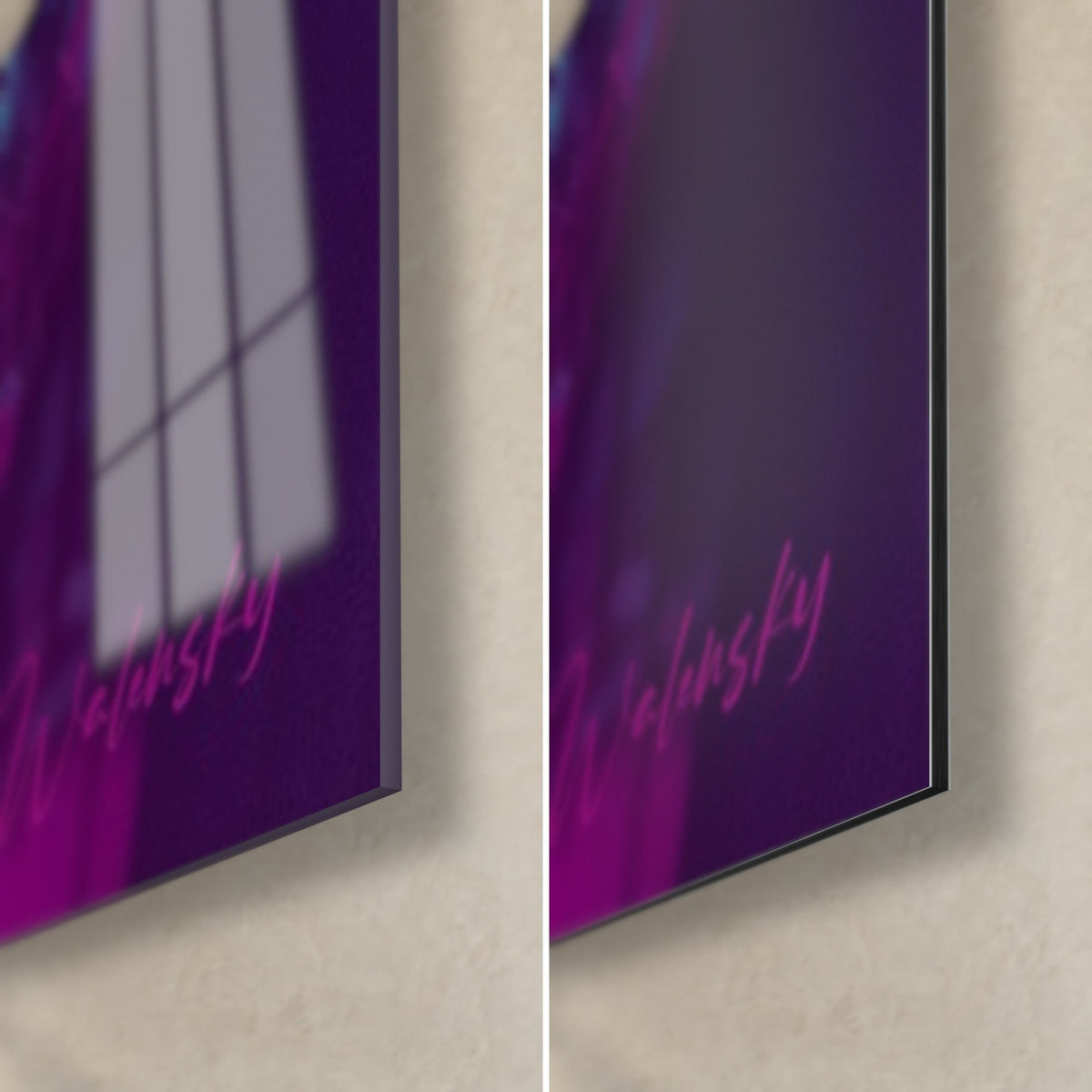 Wall art neon skeleton facing forward, bottom right corner: glossy acrylic glass on the left, matte violet Dibond on the right, 3 mm edge