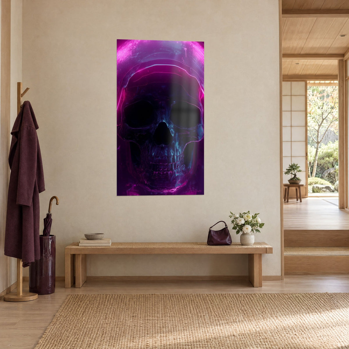 Wall art cyberpunk skull with glowing teeth, deep violet and turquoise blue, three-quarter view in a japandi hallway