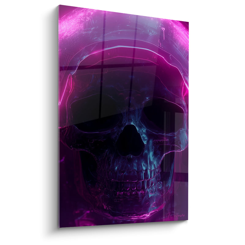 Tableau Crâne magenta et bleu turquoise aux dents visibles - Reflets de fenêtre vitrée - Edition Cyberpunk