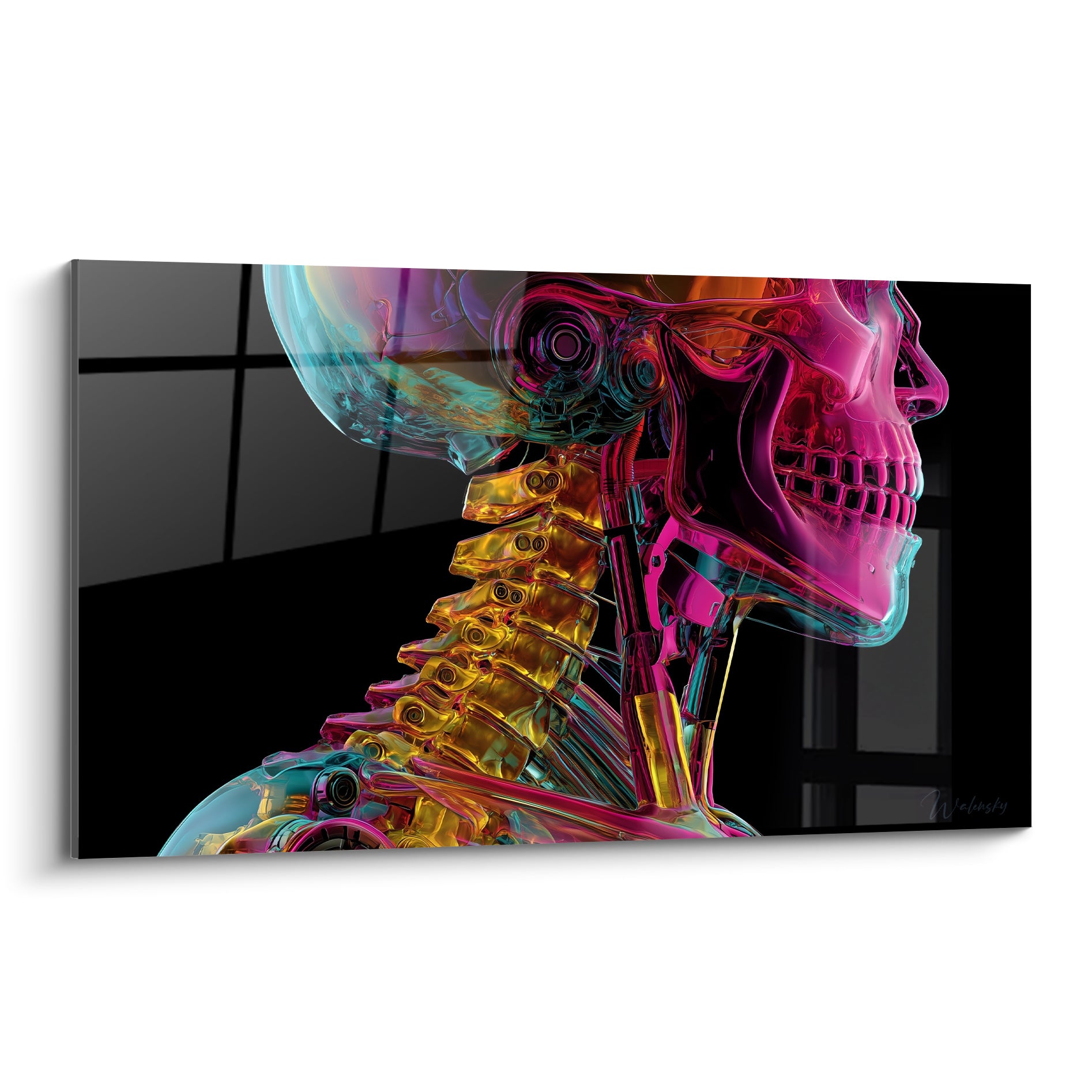 Crâne mécanique Cyberpunk en profil, translucide rose fuchsia, doré et turquoise sur fond noir