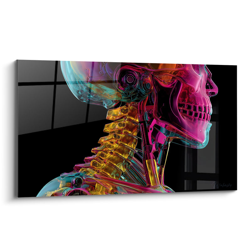 Tableau Crâne robotique rose et doré translucide - Anatomie électrique - Edition Cyberpunk