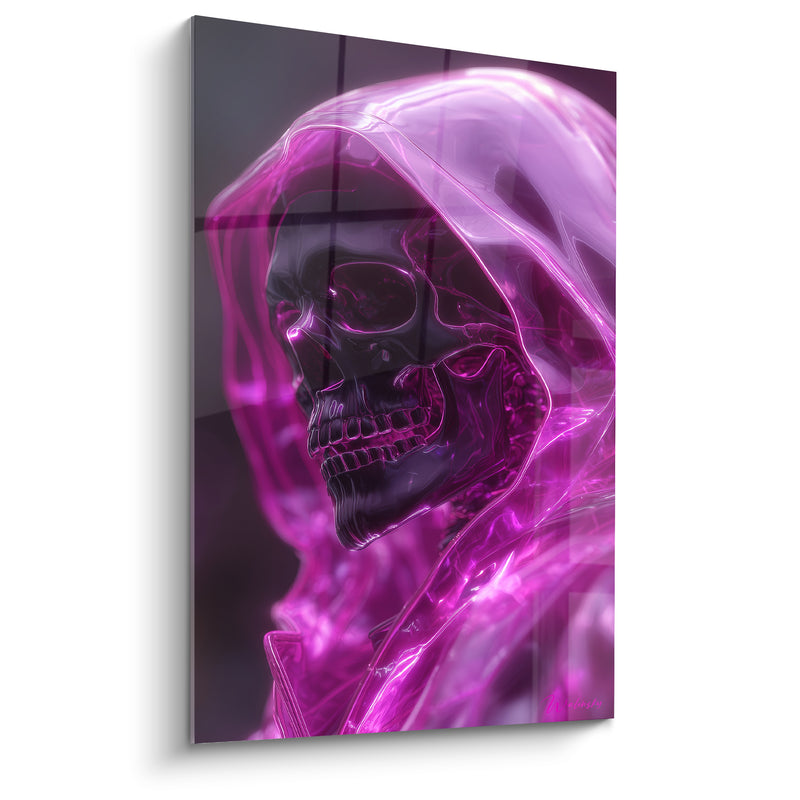 Tableau Crâne encapuchonné rose et noir translucide - Spectre luminescent - Edition Cyberpunk