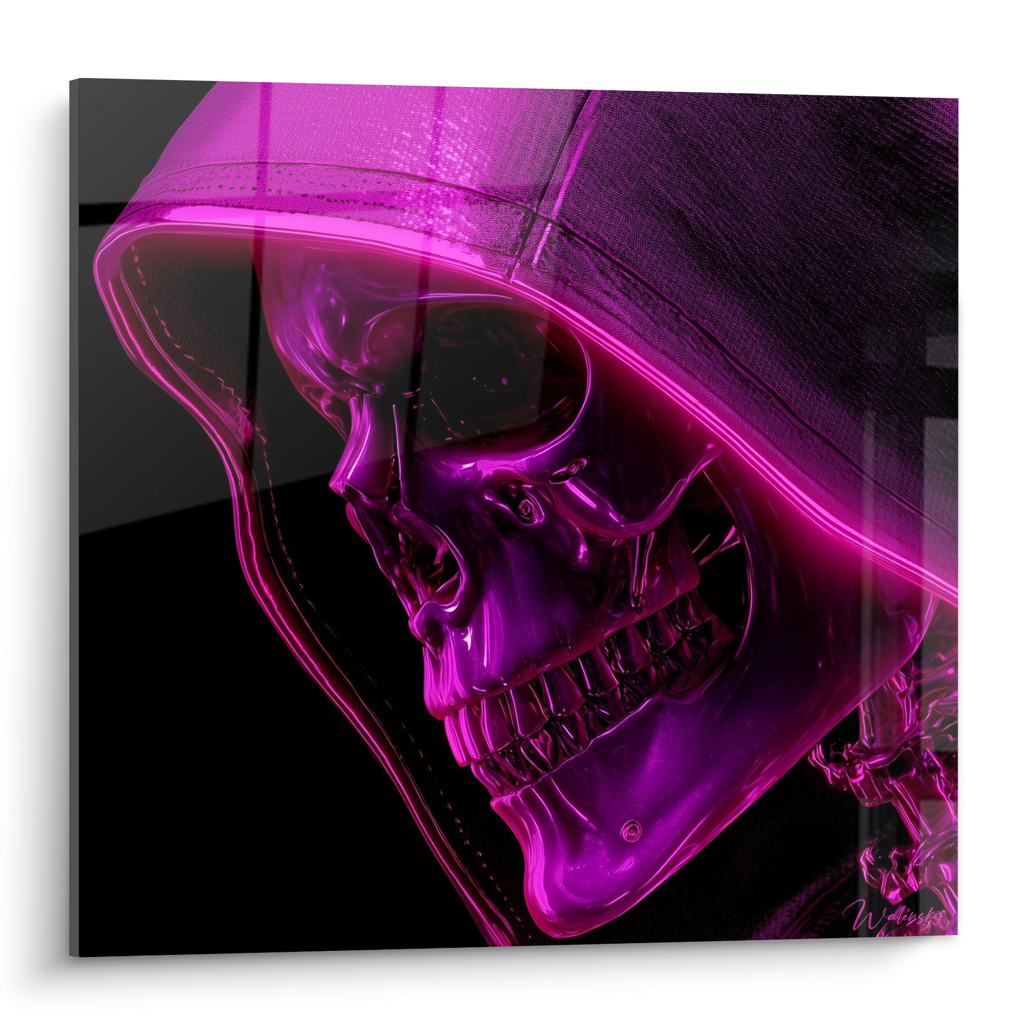 Crâne encapuchonné rose fluo et noir profond, mâchoire serrée, rendu métallique intense Cyberpunk