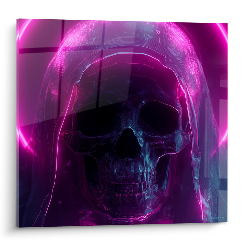 Tableau Crâne encapuchonné rose et bleu néon - Présence nocturne - Edition Cyberpunk