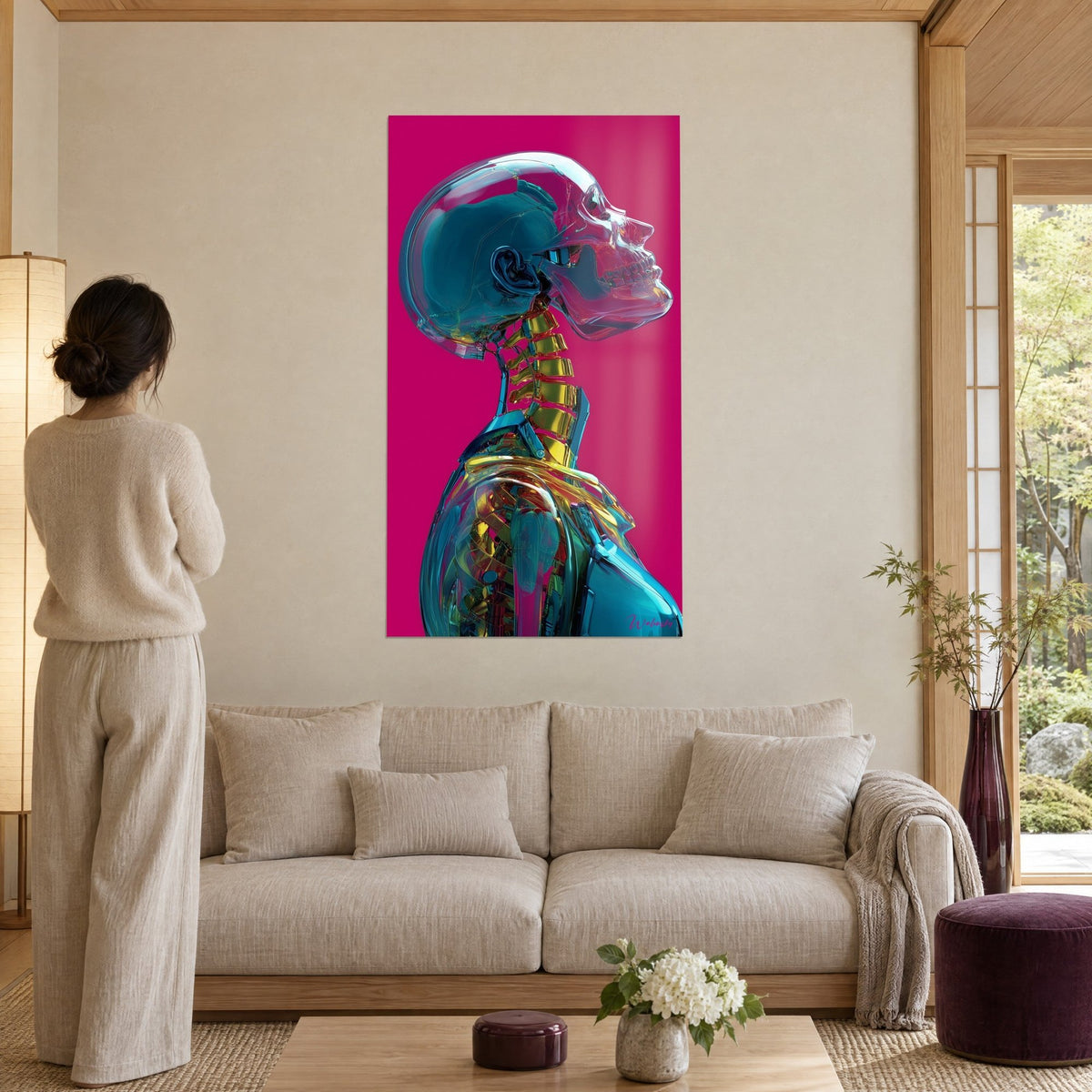 Cuadro de un esqueleto cyborg translúcido, vértebras amarillo dorado sobre fondo fucsia y azul metálico, encima de un sofá en un salón luminoso