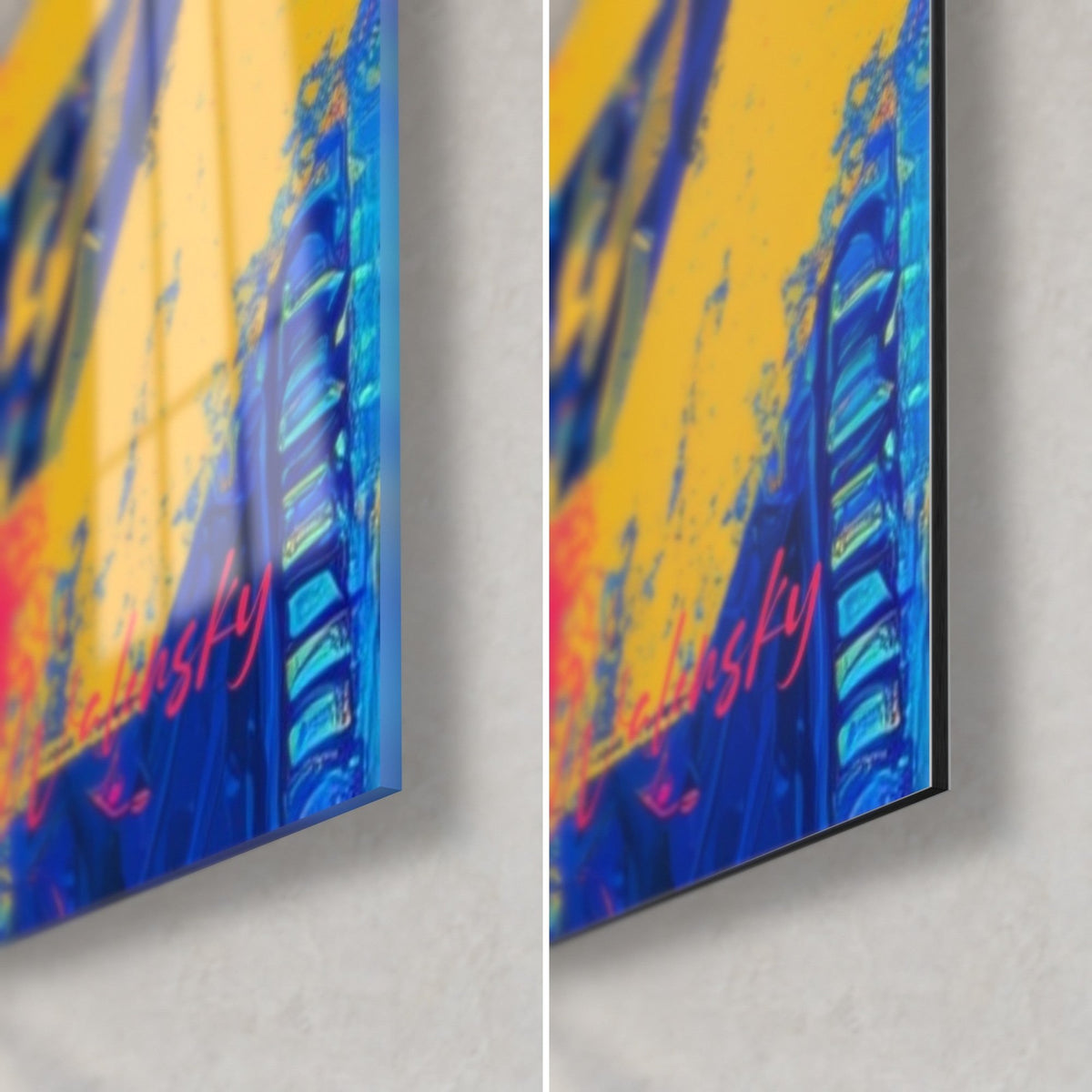 Tableau visage néon, coin bas droit : bleu et jaune brillants du verre à gauche, alu Dibond mat à droite, tranche de 3 mm