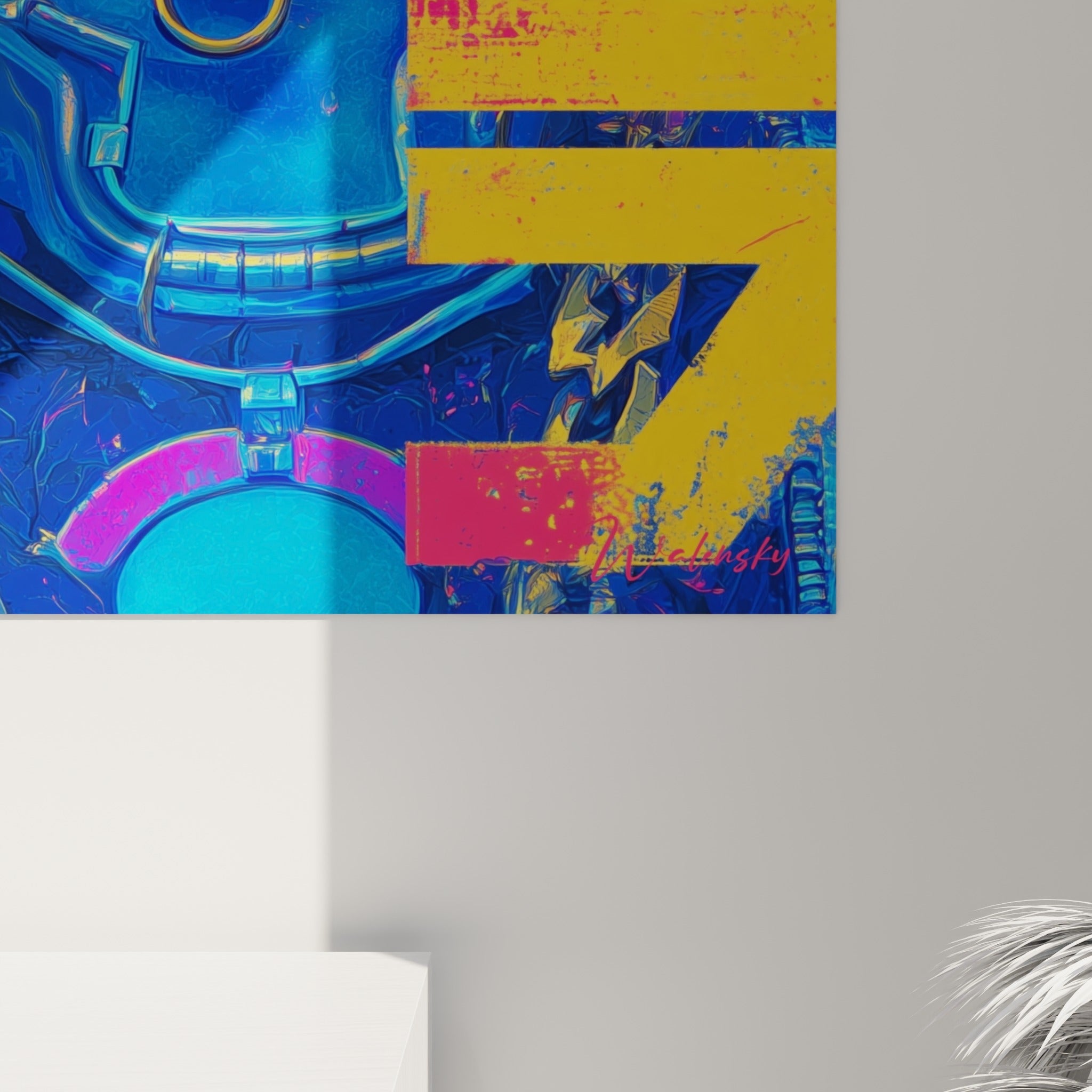 Détail rapproché du tableau Cyberpunk révélant le grain bleu électrique et les touches rose fuchsia