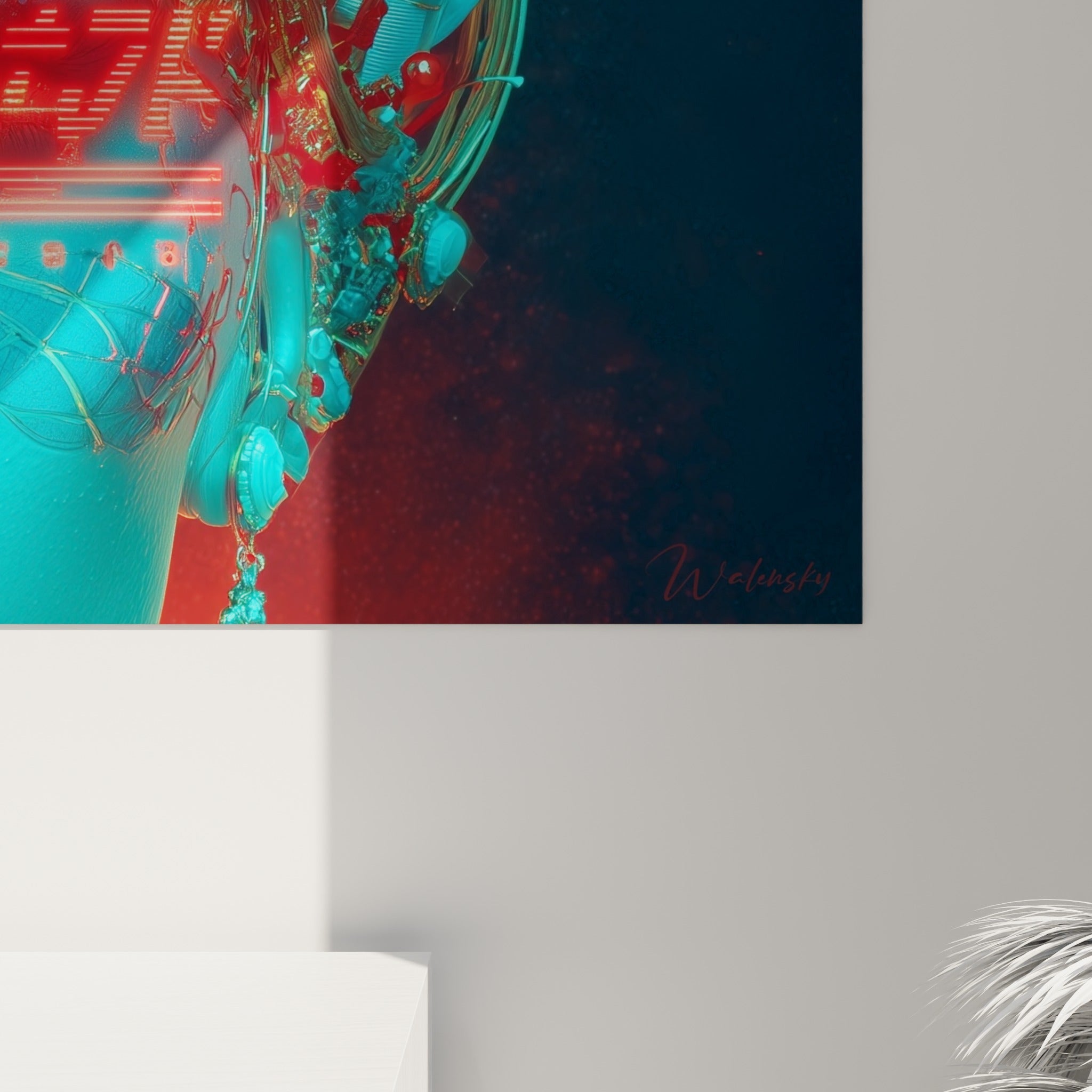 Détail des caractères rouges lumineux et de la parure dorée sur la peau turquoise du visage cyberpunk