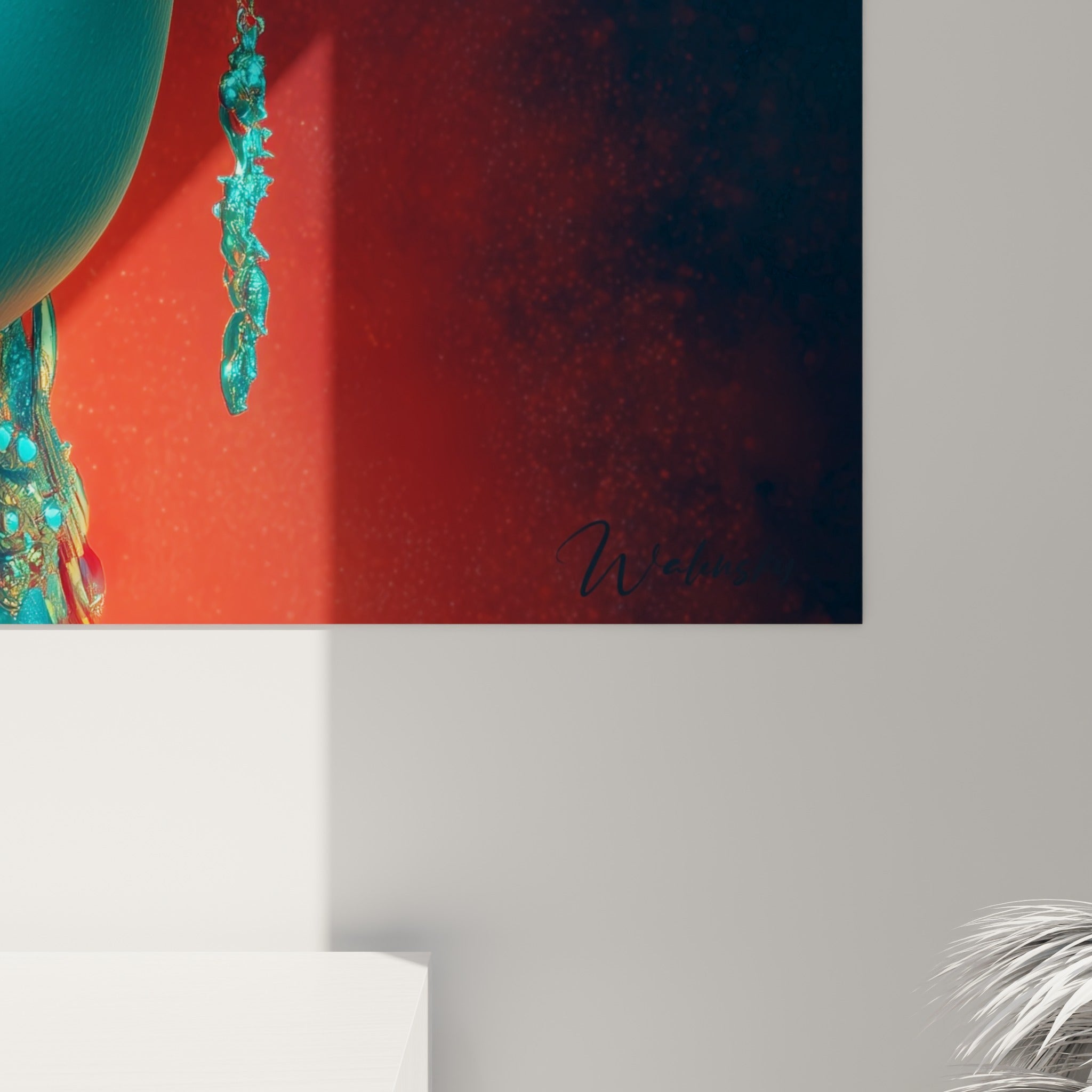 Détail rapproché du bandeau rouge lumineux et des motifs dorés sculptant le visage Cyberpunk turquoise