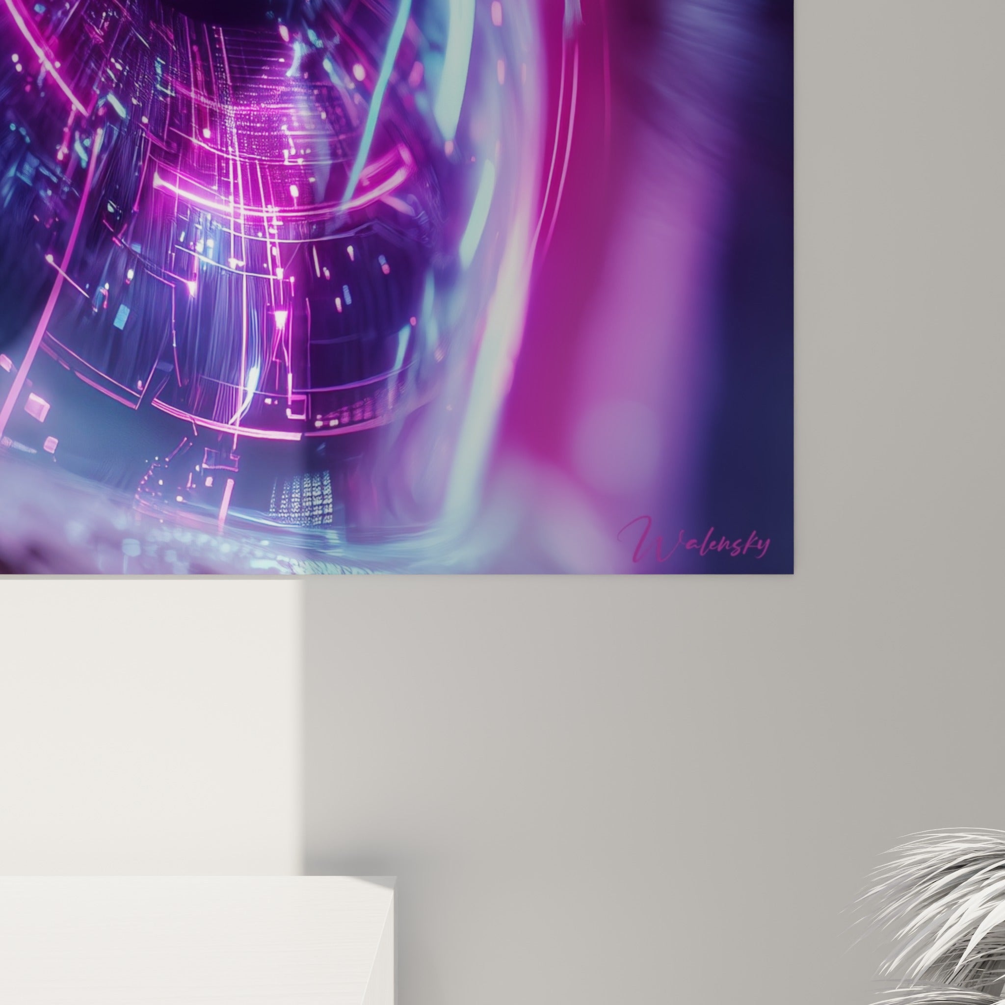 Détail des faisceaux fuchsia et bleu électrique cyberpunk révélant la texture lumineuse de l'impression