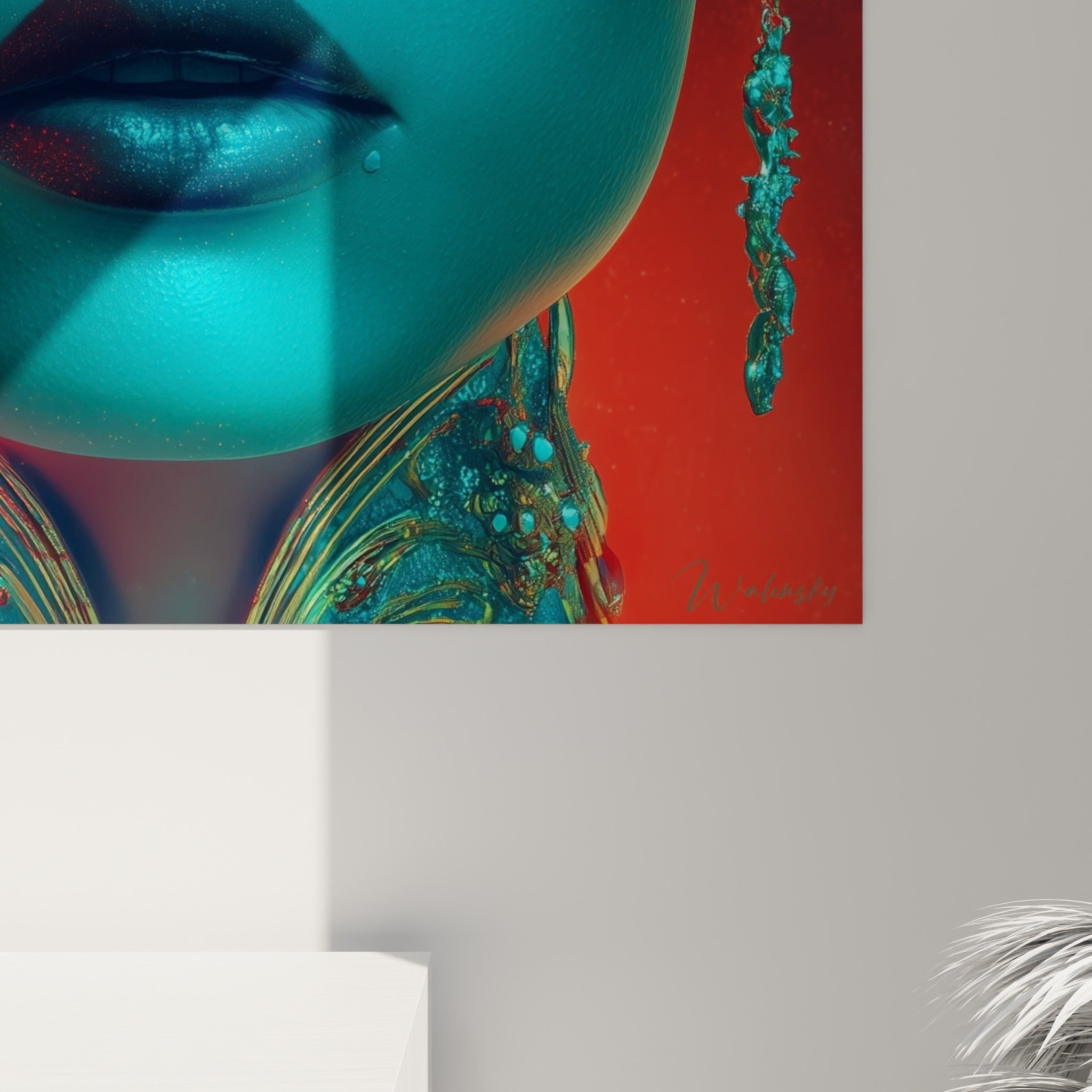 Détail rapproché du tableau Cyberpunk révélant la texture des glyphes rouges et de la parure dorée
