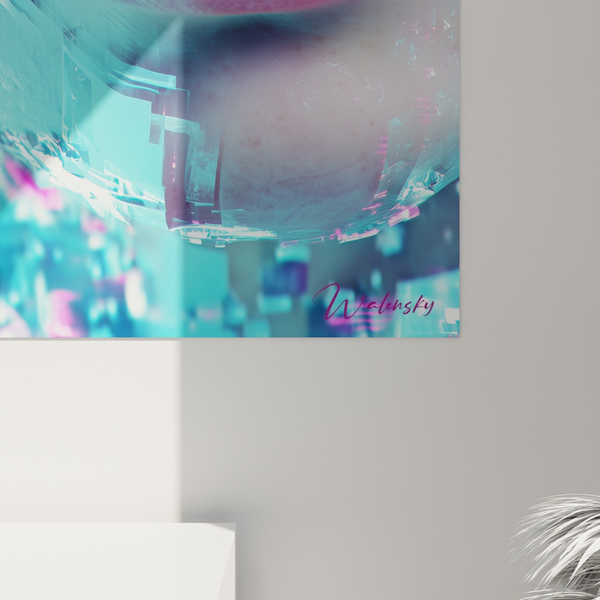 Détail des empâtements numériques turquoise et magenta du tableau Cyberpunk, grain pixelisé et lumière froide visibles de près