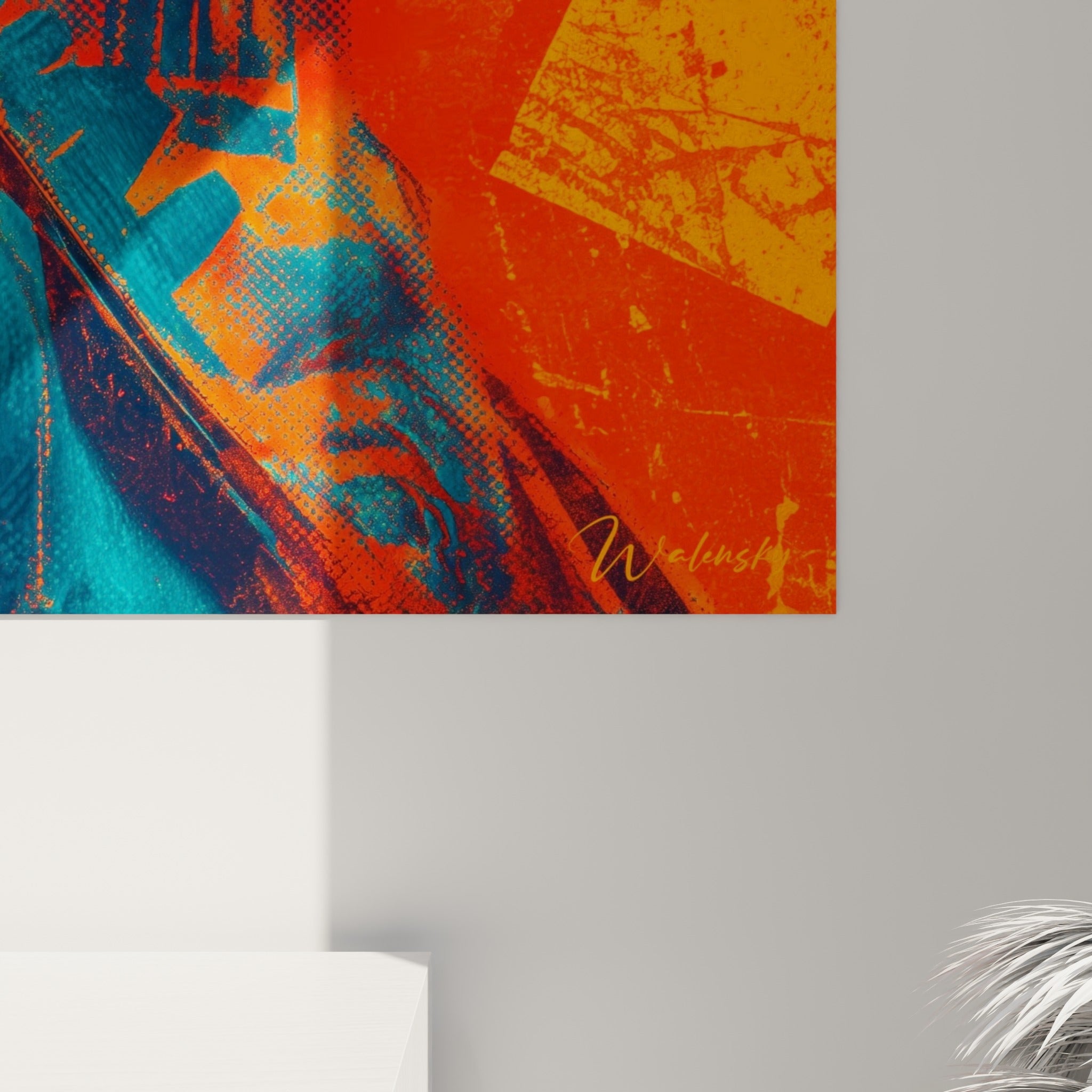 Détail des motifs tatoués bleu cyan et du fond rouge orangé, texture graphique de l'impression Cyberpunk