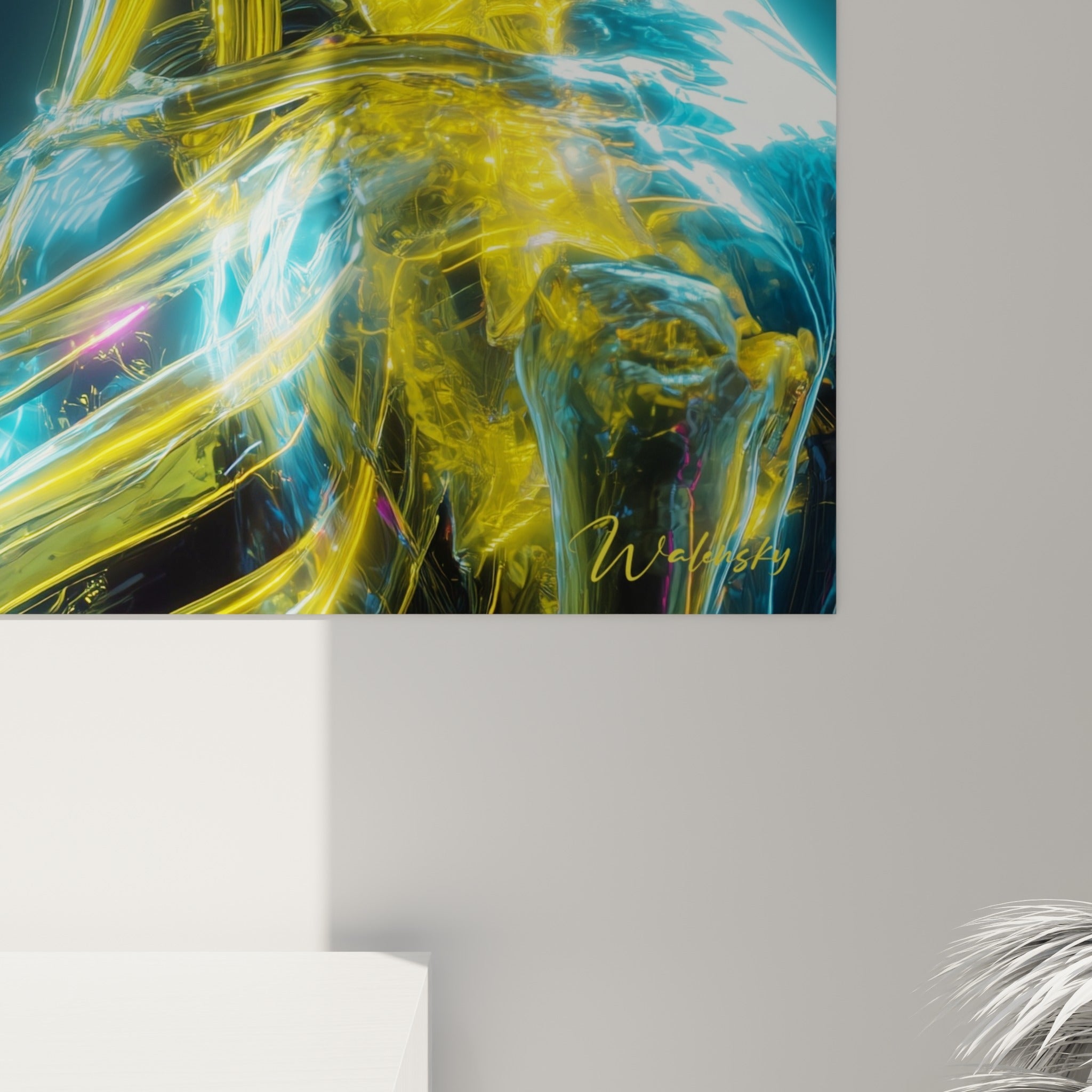 Détail Cyberpunk montrant les filaments dorés et bleus imprimés avec grain et éclats violets