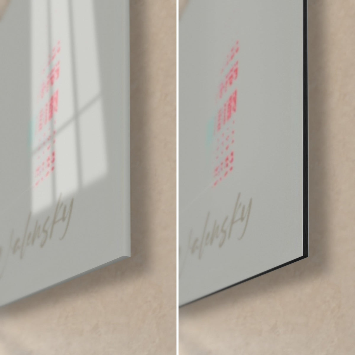 Gemälde geschnitzter Kopf mit karmesinrotem Band, graue Walensky-Signatur, glänzendes Acrylglas unten links und mattes Dibond rechts