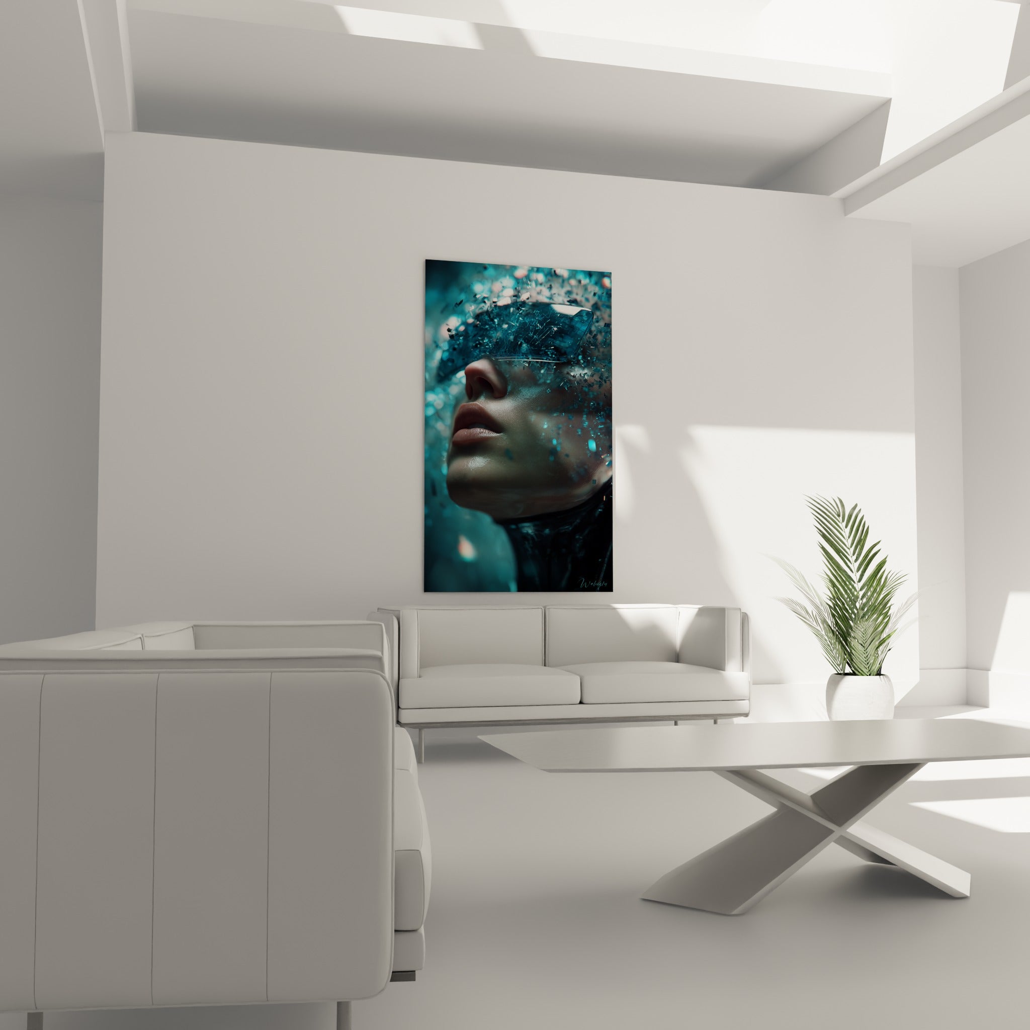 Visage fragmenté turquoise aux reflets cristallins, œuvre Cyberpunk au-dessus d'un canapé dans un salon lumineux