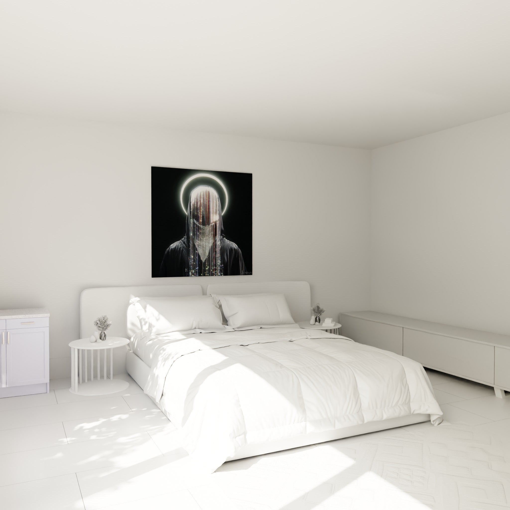 Figure Cyberpunk anthracite au halo blanc, accrochée au-dessus d'un lit dans une chambre claire