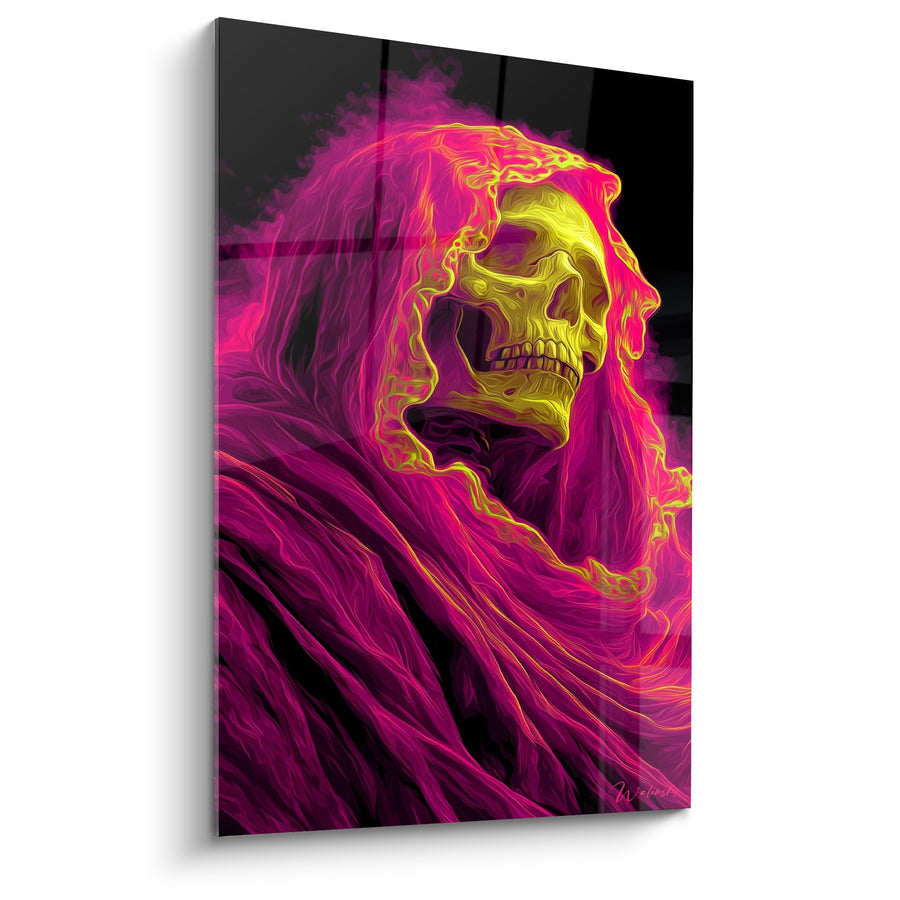 Tableau Faucheuse crâne jaune capuche magenta - Veillée macabre - Edition Cyberpunk