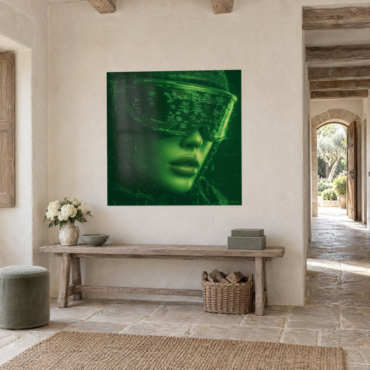 Quadro ritratto cyberpunk con labbra socchiuse, verde abete e verde acido, trama di pixel, su una parete intonacata di un ingresso in pietra