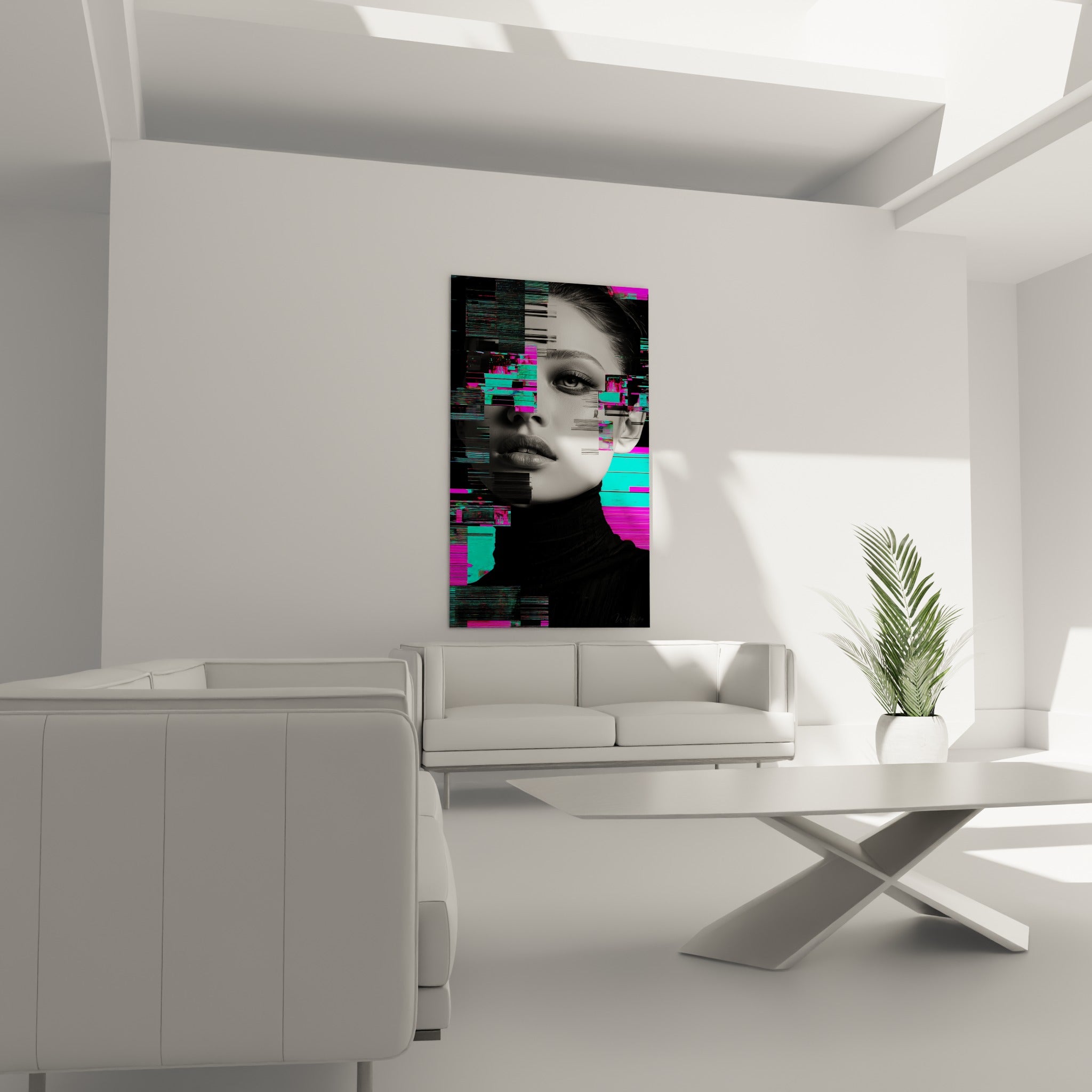 Femme au regard perçant traversé de blocs turquoise et magenta, tableau Cyberpunk au-dessus d'un canapé dans un salon lumineux