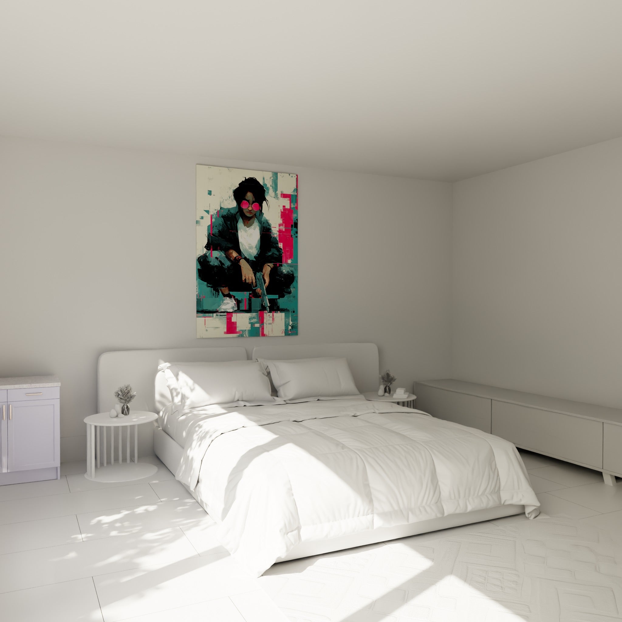 Personnage armé aux tons magenta et turquoise, tableau Cyberpunk accroché au-dessus d'un lit dans une chambre claire