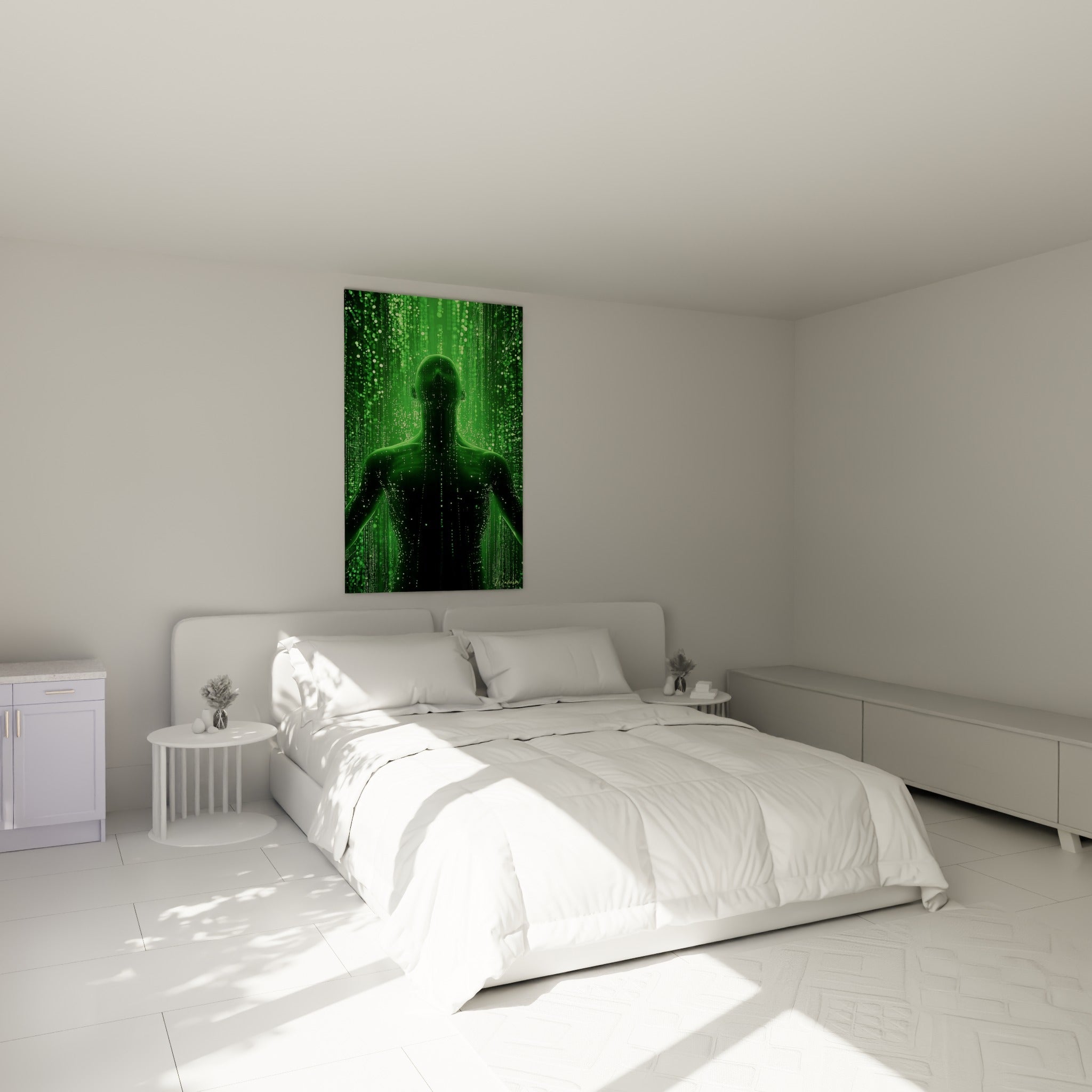 Corps digital vert émeraude et anthracite du tableau Cyberpunk, accroché au-dessus d'un lit dans une chambre claire