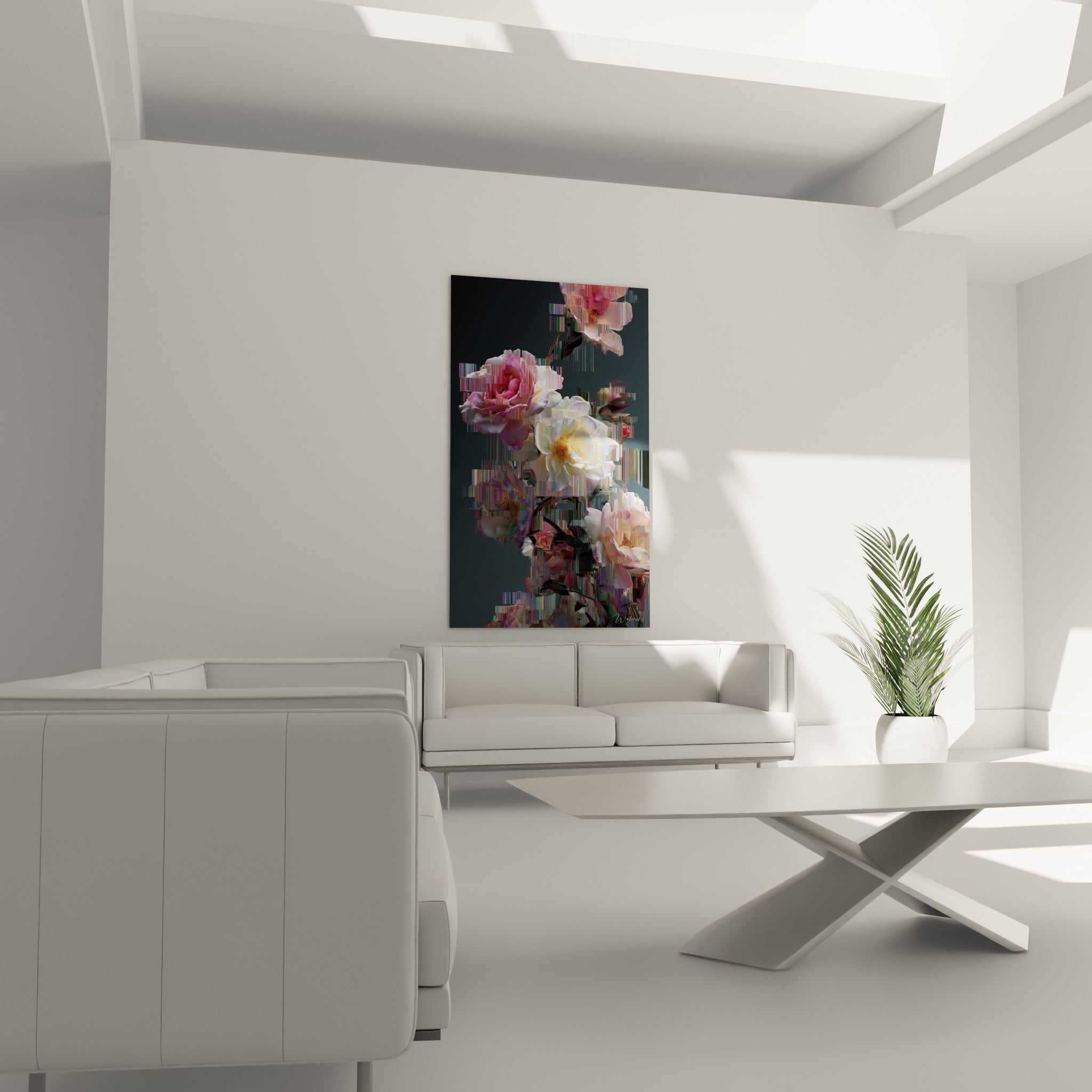 Fleurs pixelisées rose pâle et dorées se dissolvant en lignes numériques, au-dessus d'un canapé dans un salon lumineux