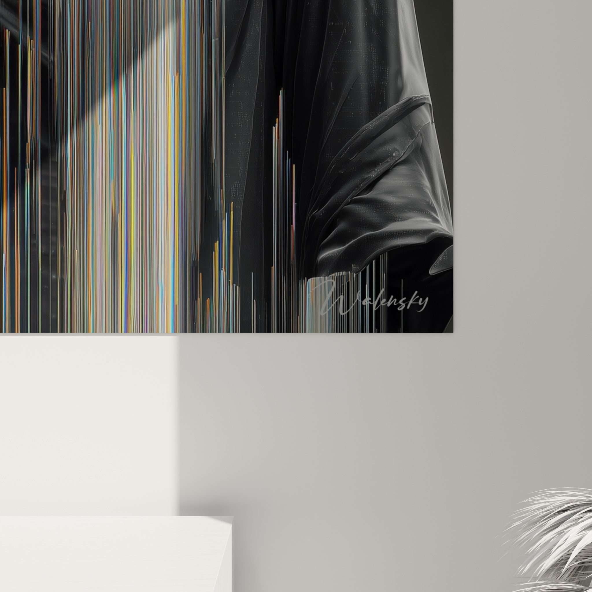 Filaments blancs et fragments dorés du tableau Cyberpunk, matière lisse et lumière contrastée visibles de près