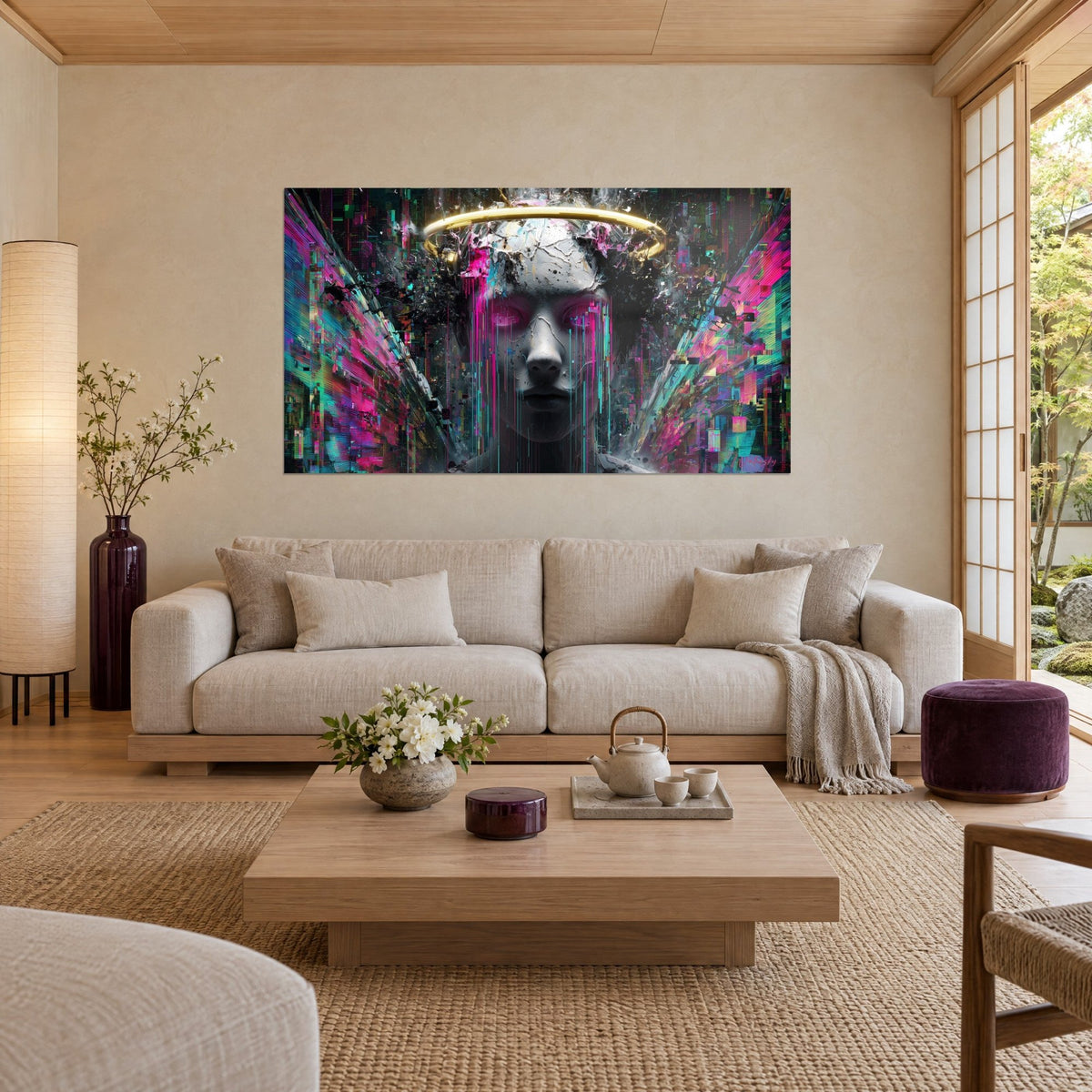Tableau buste de marbre fissuré couronné d'un halo doré, ailes de pixels roses et turquoise, au-dessus d'un canapé dans un salon lumineux