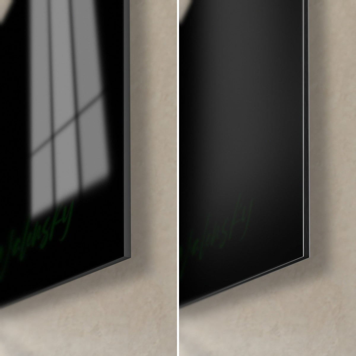 Cuadro rostro pixelado verde y negro, esquina inferior derecha: vidrio acrílico brillante con reflejos, aluminio Dibond mate, canto de 3 mm