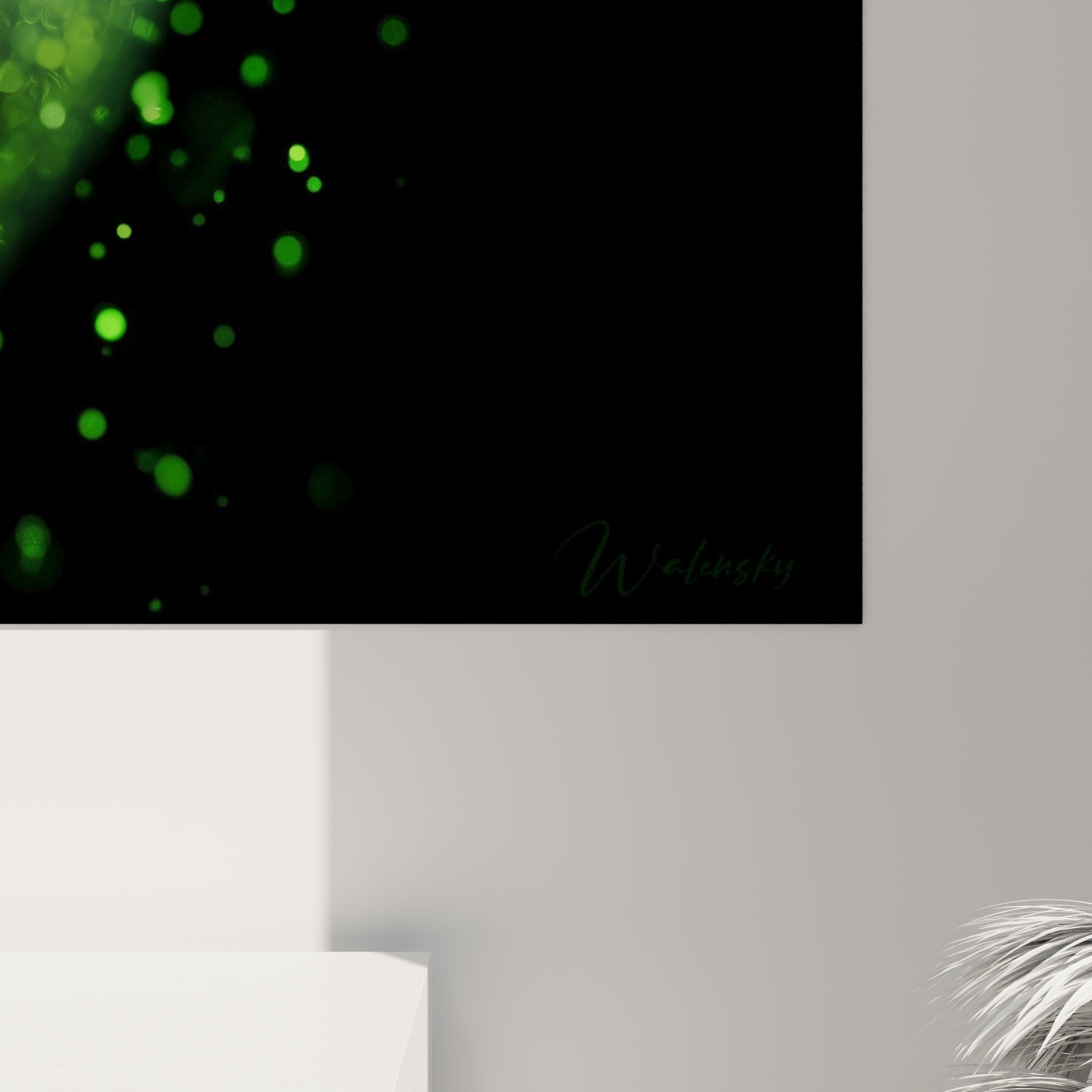 Grain pixellisé vert fluorescent et noir profond, matière digitale de ce tableau Cyberpunk accroché