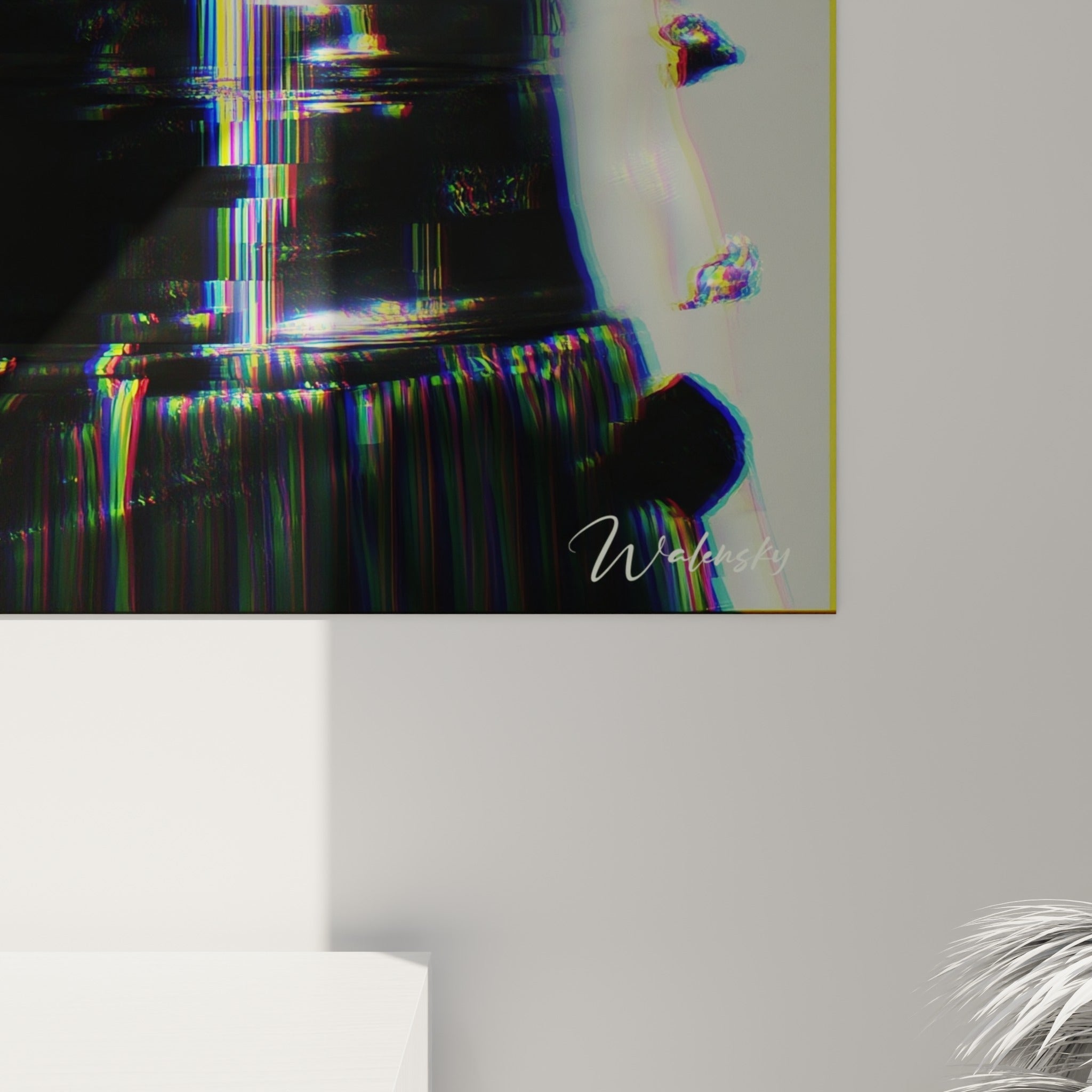 Détail du tableau Cyberpunk révélant le grain anthracite et les coulures colorées bleu et magenta de l'impression