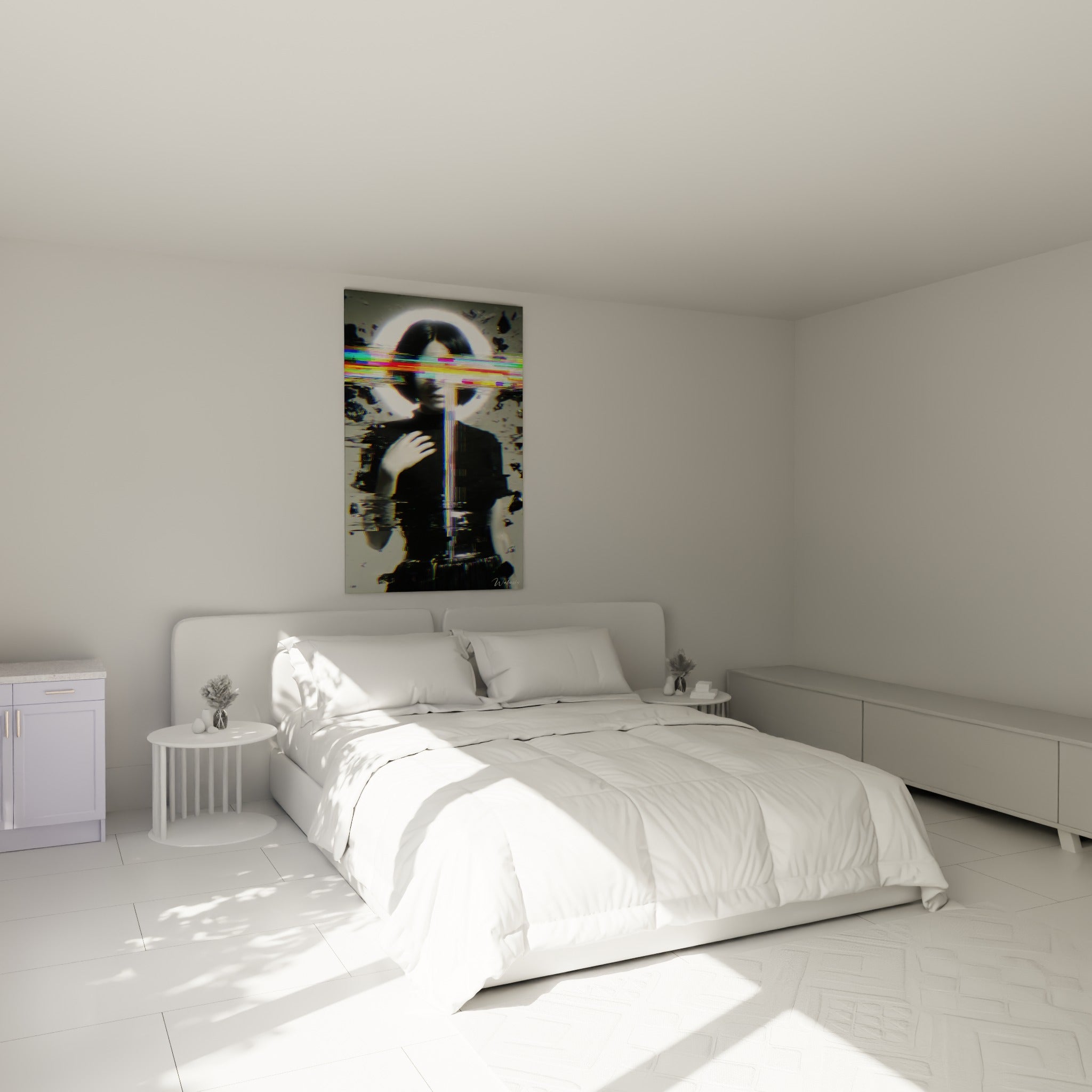 Figure Cyberpunk auréolée de blanc et striée de couleurs vives, accrochée au-dessus d'un lit dans une chambre claire