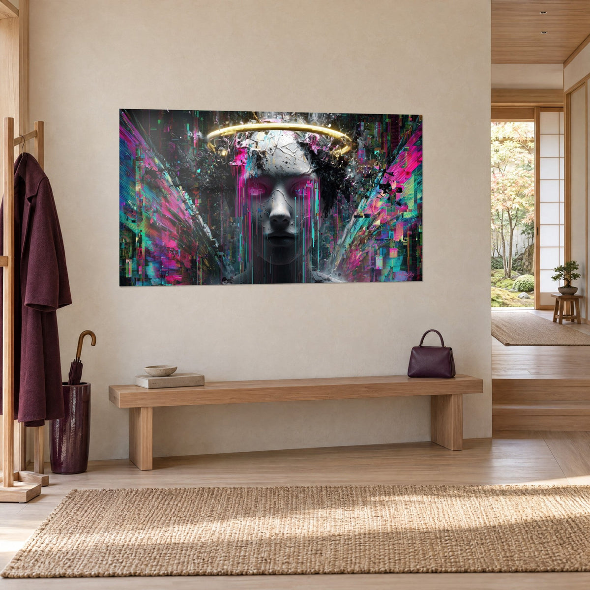 Tableau icône numérique brisée aux yeux magenta, auréole jaune d'or et coulures cyan, accroché près d'une entrée japandi en bois clair