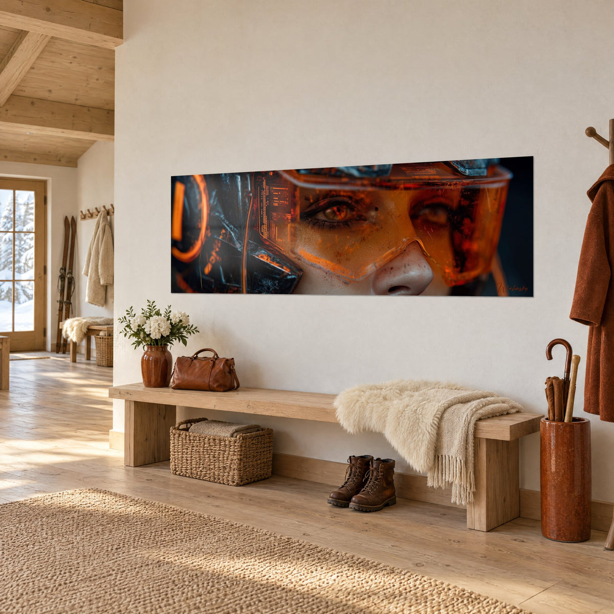 Quadro ritratto futuristico di un occhio ambrato sotto visiera arancione e casco nero, visto di tre quarti in un corridoio di chalet