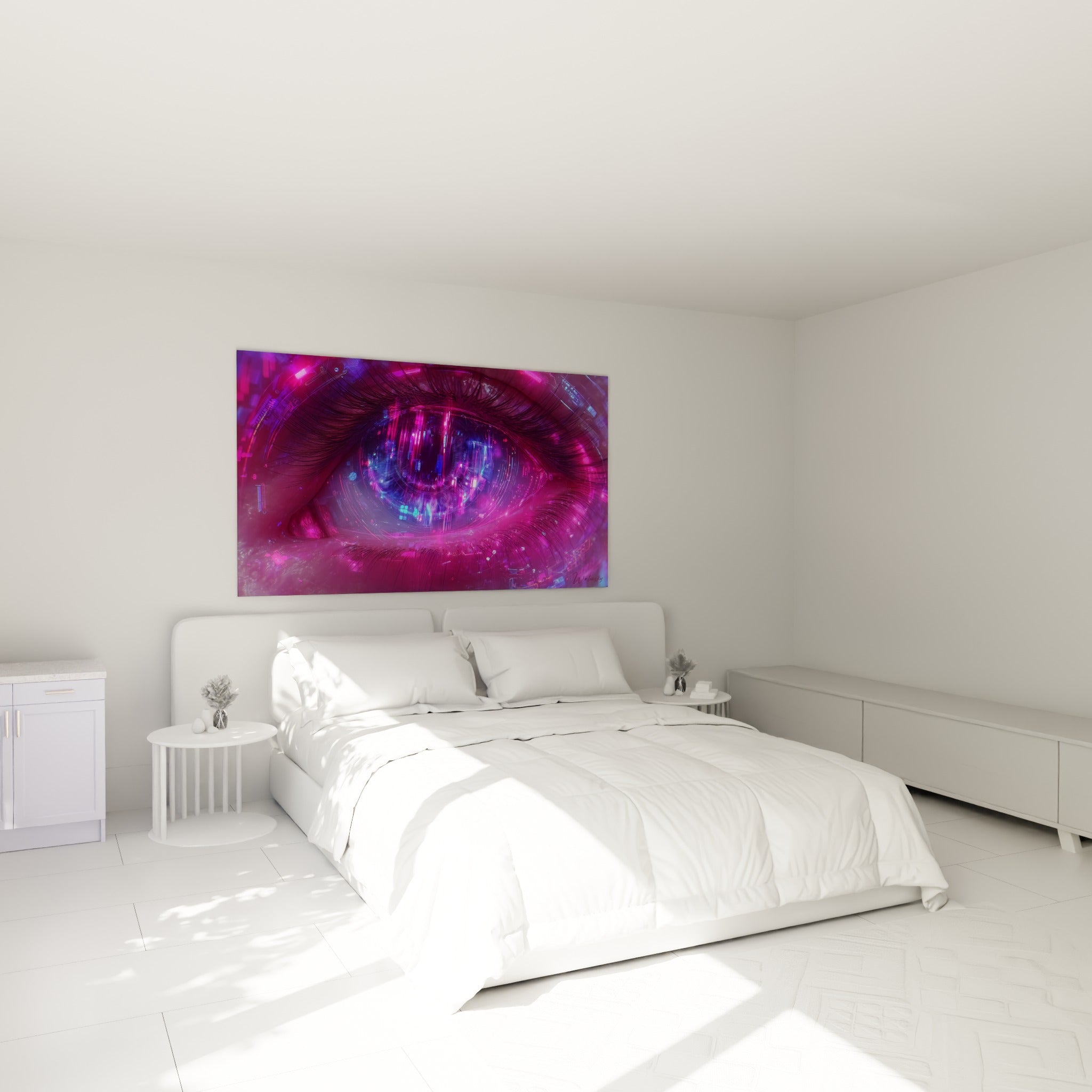Iris Cyberpunk violet et cyan projetant une cité lumineuse, accroché au-dessus d'un lit dans une chambre claire