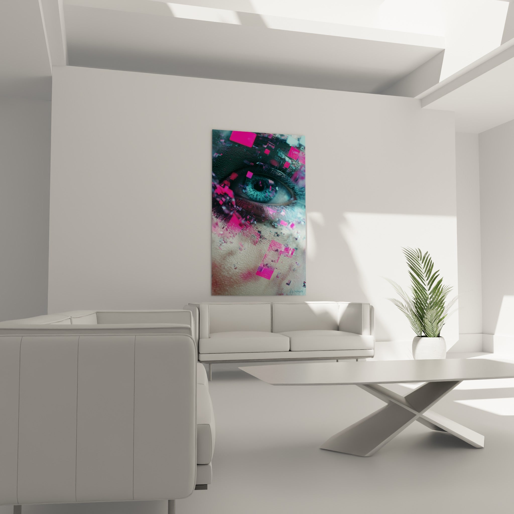 Iris turquoise traversé de fragments roses géométriques au-dessus d'un canapé dans un salon lumineux