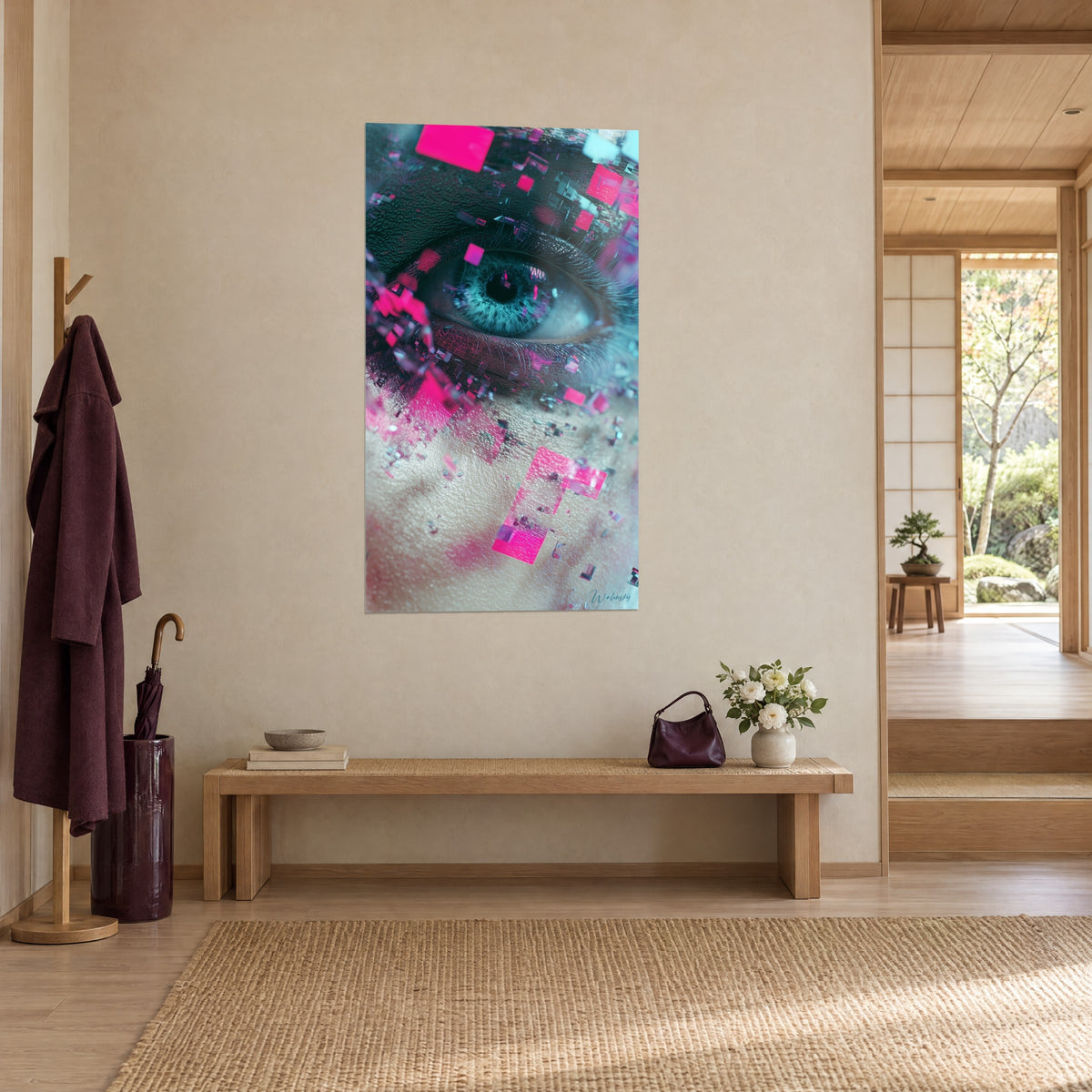 Schilderij turquoise blik bezaaid met zwevende fuchsia vierkanten, opgehangen in een japandi hal met licht houten lambrisering en eikenhouten bank