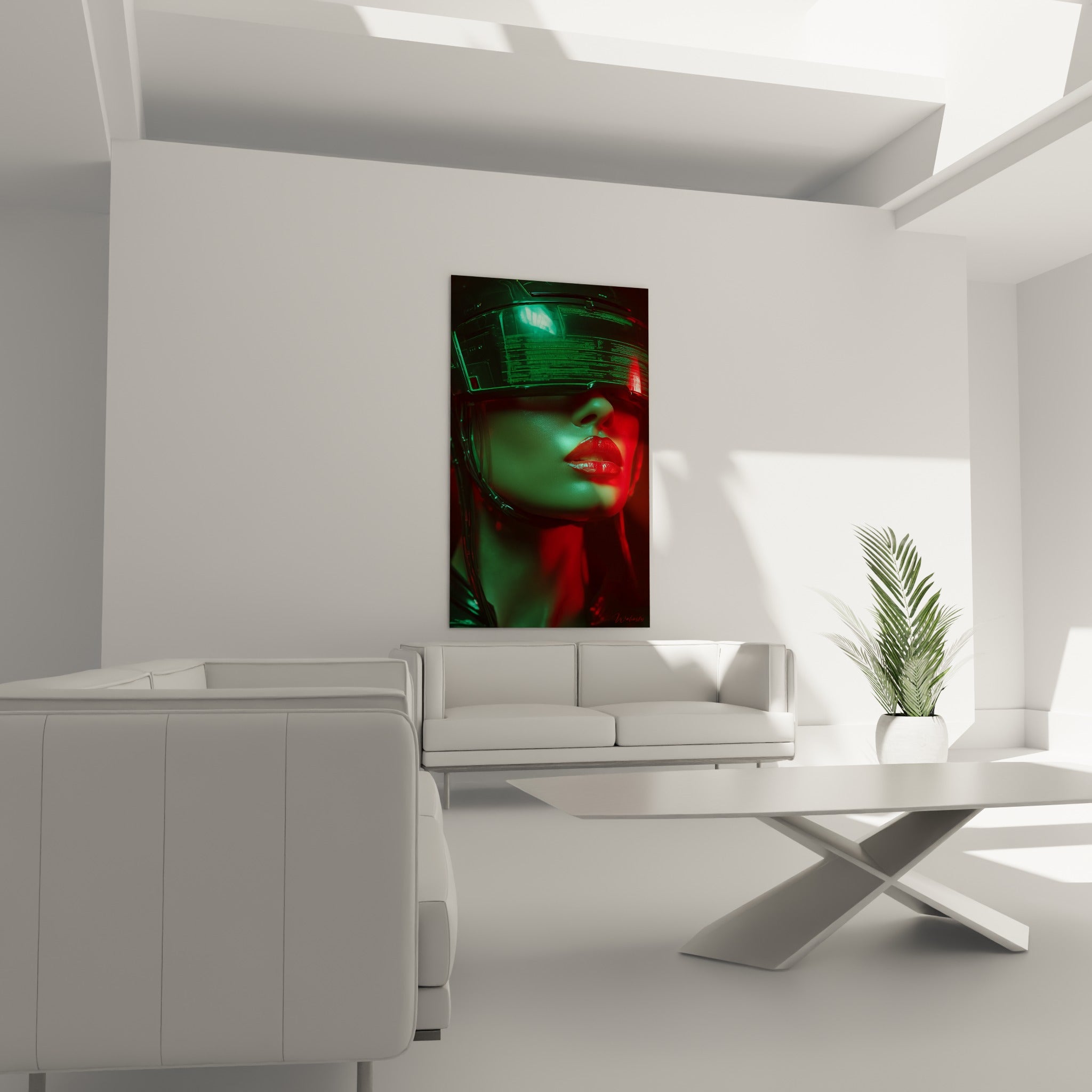Casque holographique vert et lèvres rouge profond composent ce tableau Cyberpunk au-dessus d'un canapé dans un salon lumineux