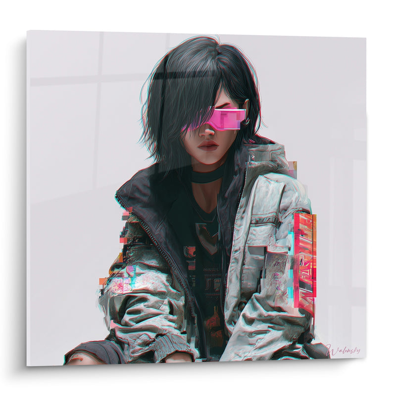 Tableau Blouson gris et argent aux fragments pixellisés - Lunettes roses opaques - Edition Cyberpunk