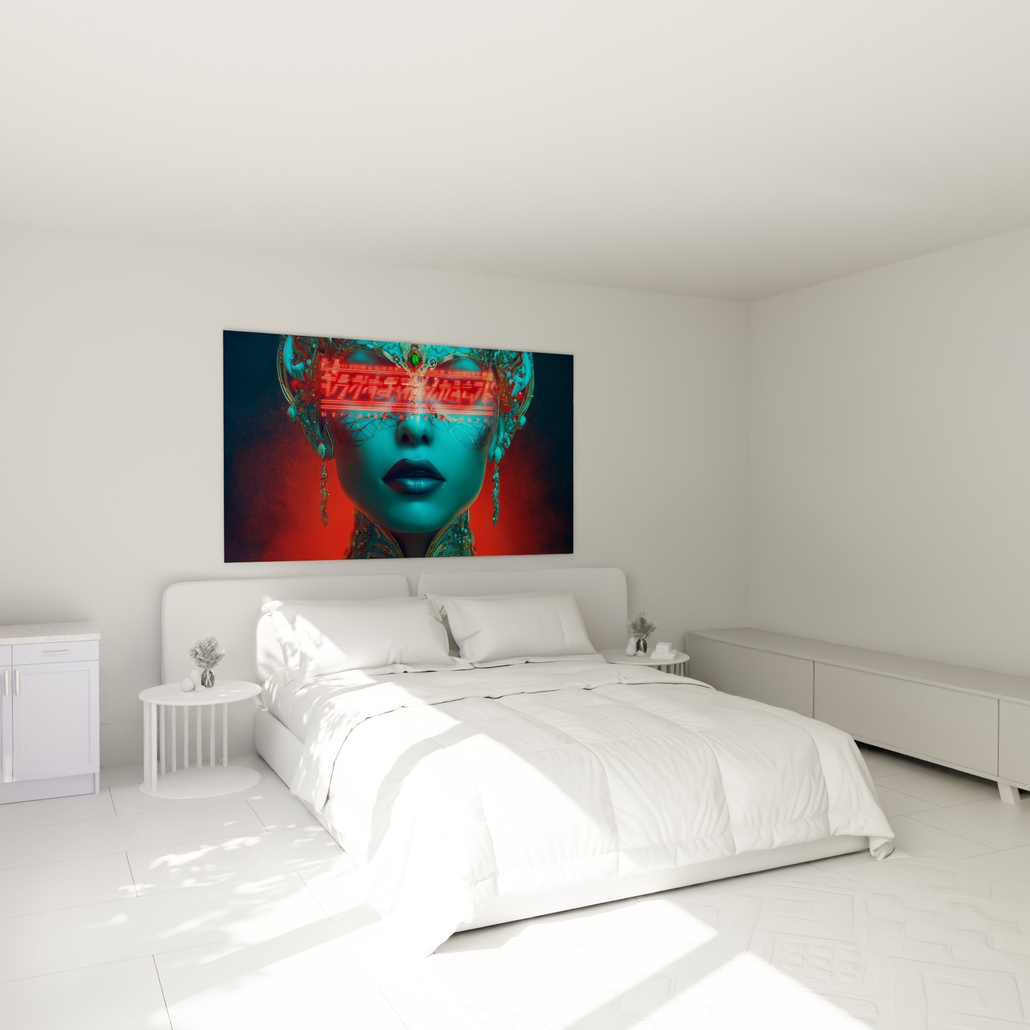 Masque Cyberpunk turquoise et rouge accroché au-dessus d'un lit dans une chambre claire