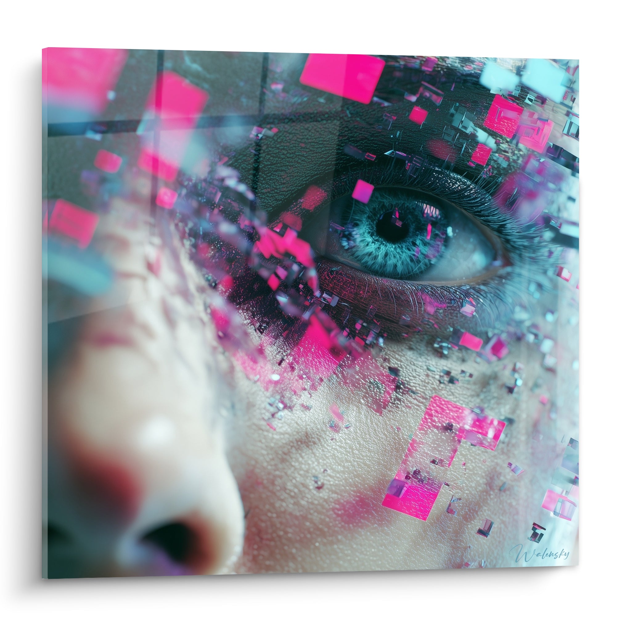 Œil bleu perçant sur visage anthracite fragmenté de cubes roses fuchsia et turquoise, style Cyberpunk