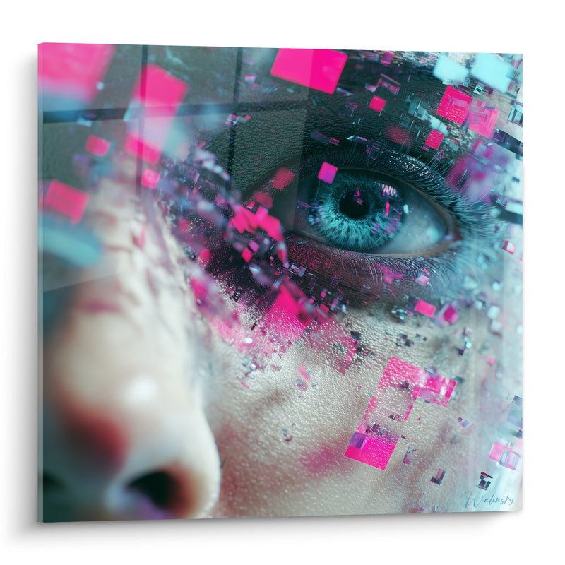 Tableau Œil bleu et rose aux fragments pixellisés - Regard en dispersion - Edition Cyberpunk