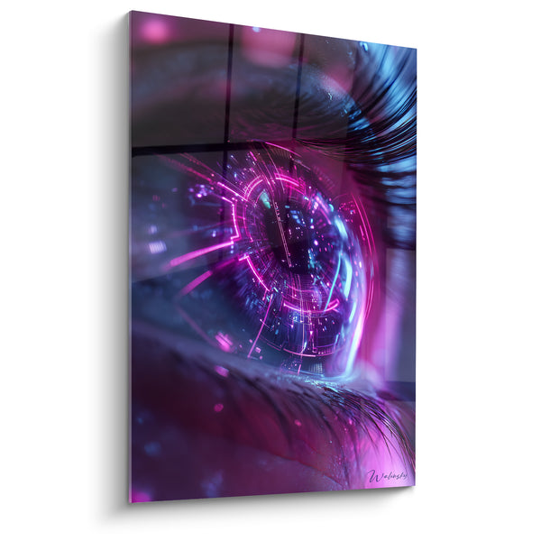 Cuadro Ojo magenta y azul con iris de circuito luminoso - Pestañas negras mojadas - Edición Cyberpunk