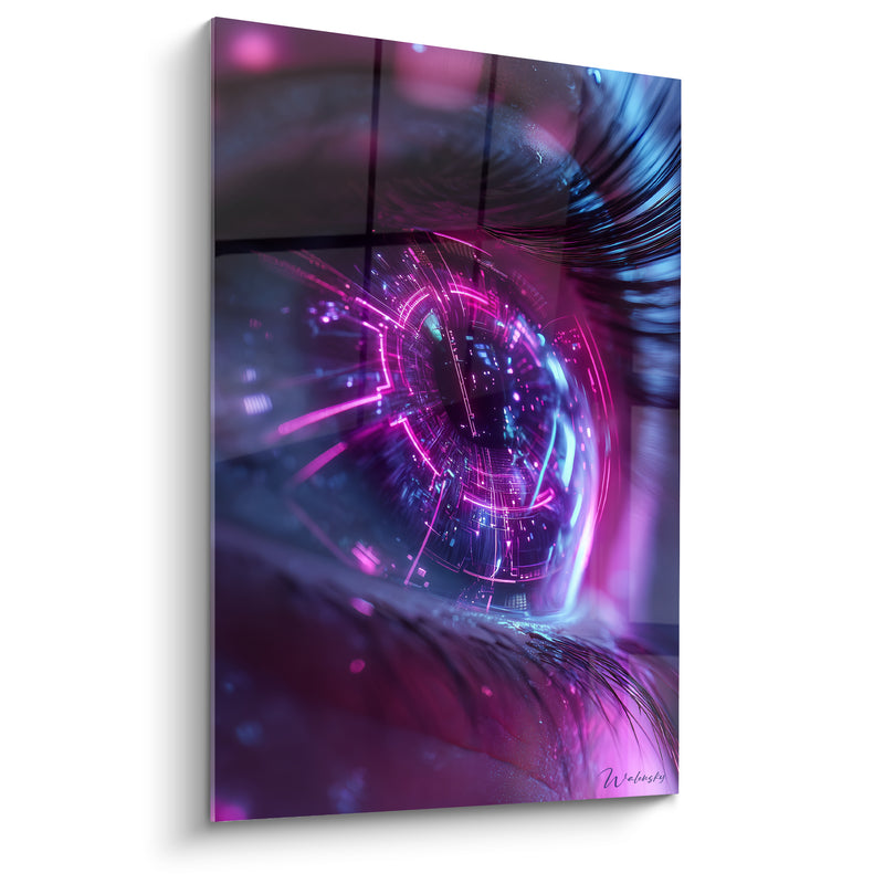 Tableau Œil magenta et bleu à l'iris circuit lumineux - Cils noirs mouillés - Edition Cyberpunk
