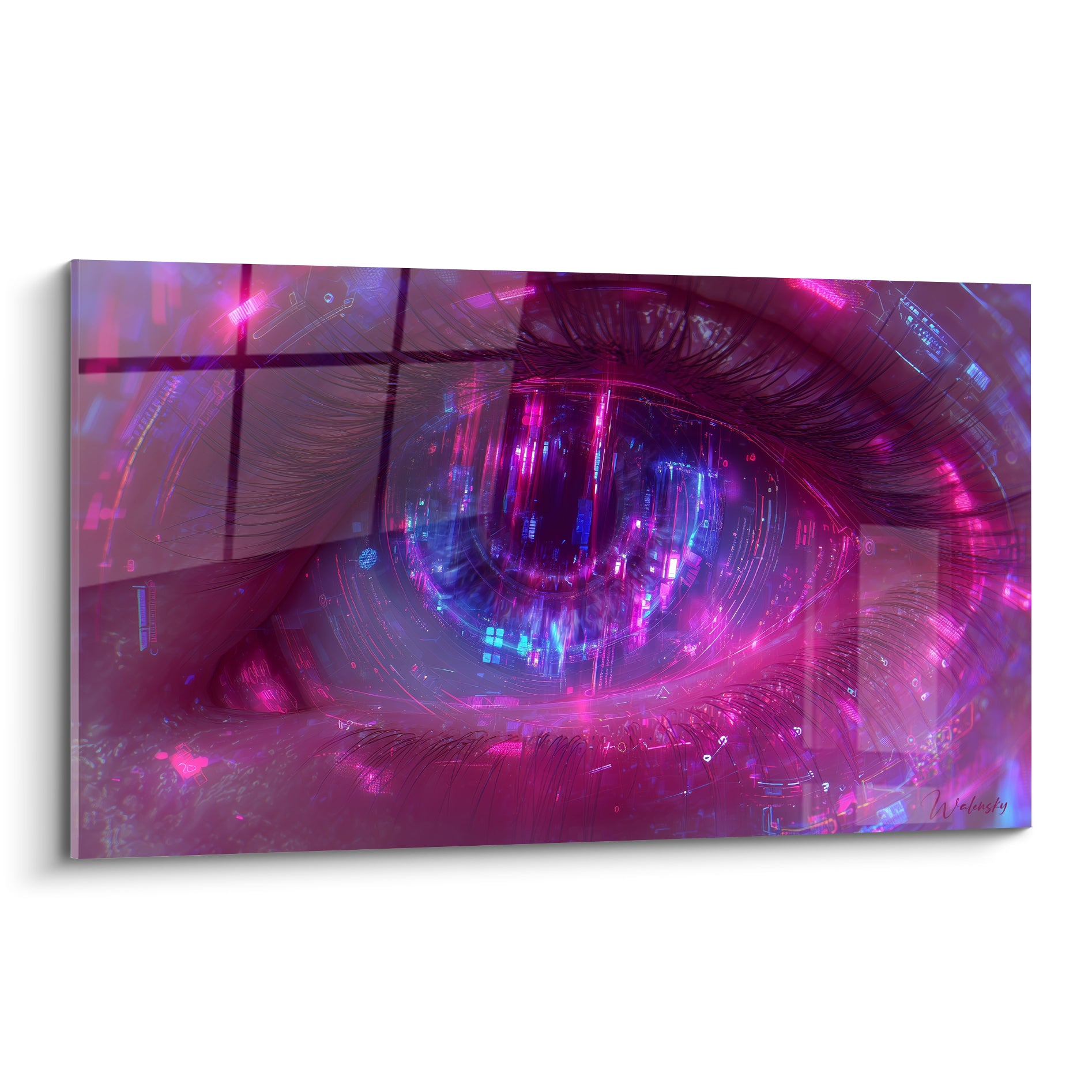 Œil Cyberpunk rose magenta et bleu électrique révélant une ville miniature dans l'iris