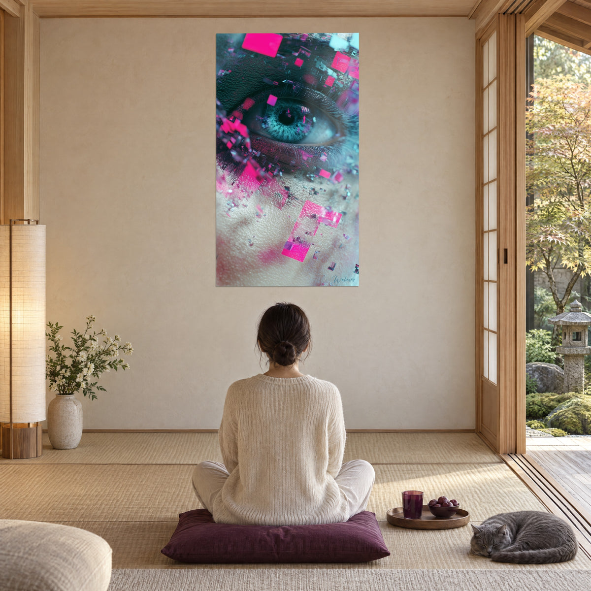 Schilderij cyberpunk oog in turquoise en felroze, vrouw in kleermakerszit op een pruimkleurig kussen en een slapende grijze kat, in een zen woonkamer
