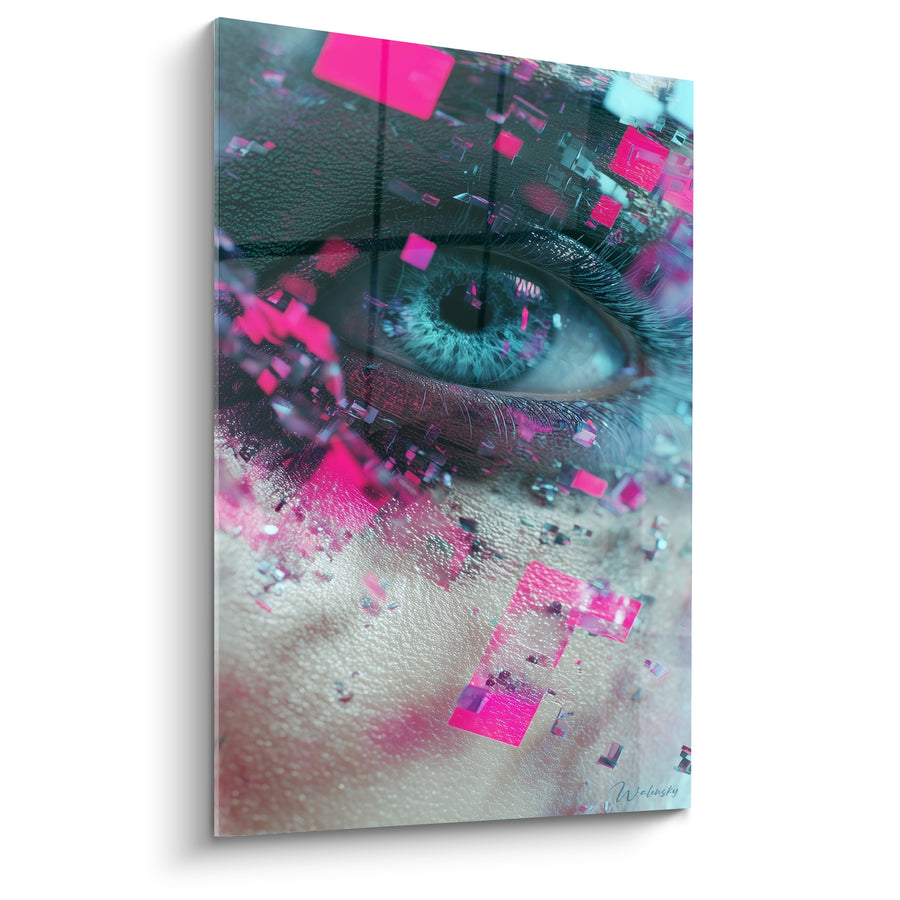 Turquoise and Pink Eye Artwork with Pixel Shards - Textured Black Lashes - Cyberpunk Edition